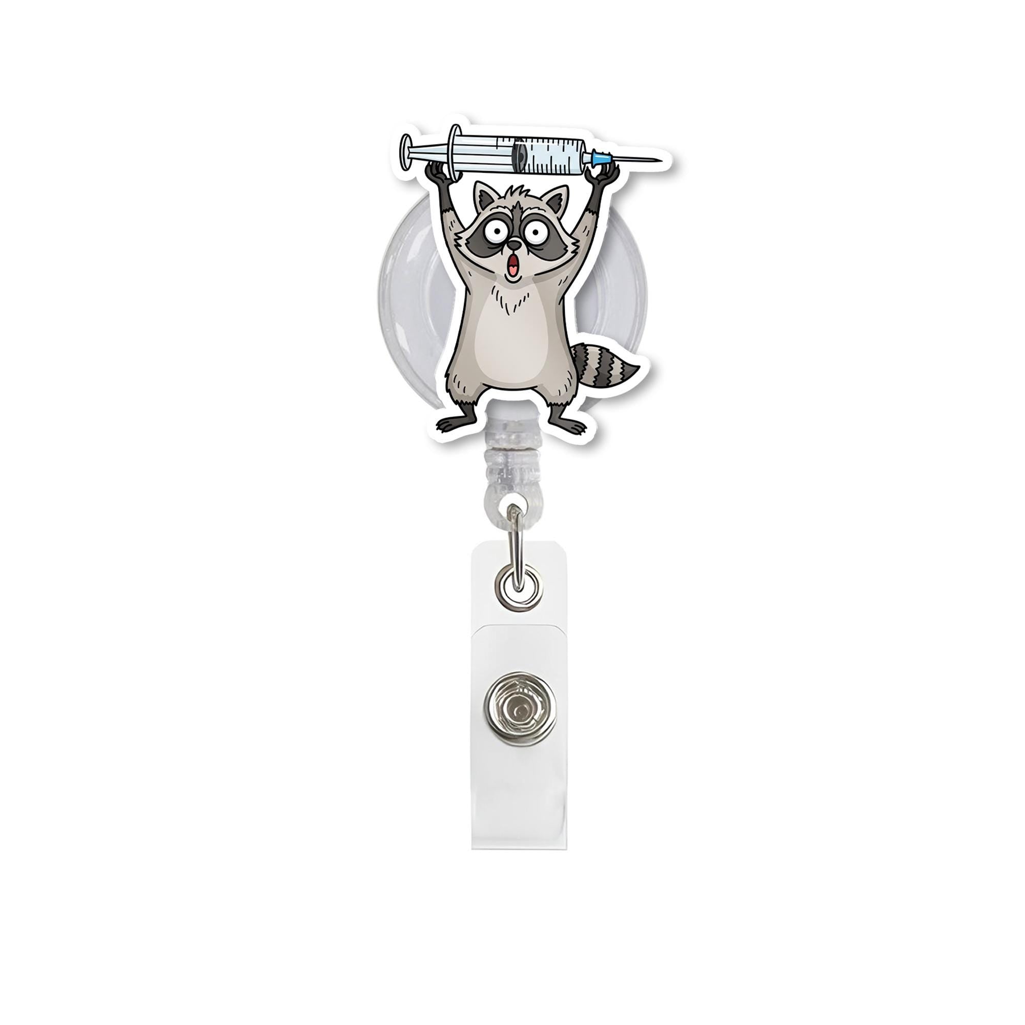 Funny Raccoon Badge Reel, Nurse ID Holder with Syringe, Cute Retractable Clip, Vet Tech Gift, Hospital Badge Accessory, RN Badge