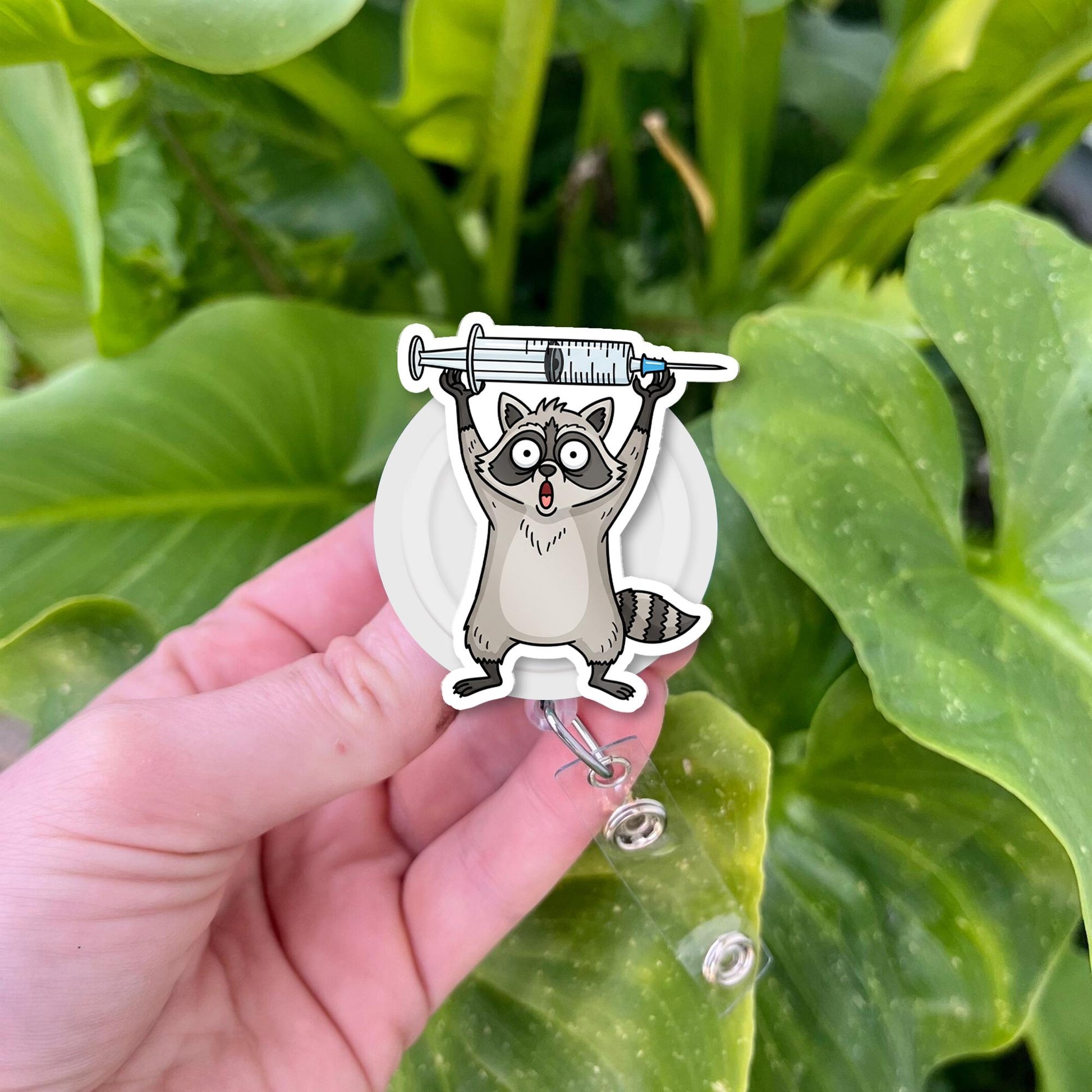 Funny Raccoon Badge Reel, Nurse ID Holder with Syringe, Cute Retractable Clip, Vet Tech Gift, Hospital Badge Accessory, RN Badge
