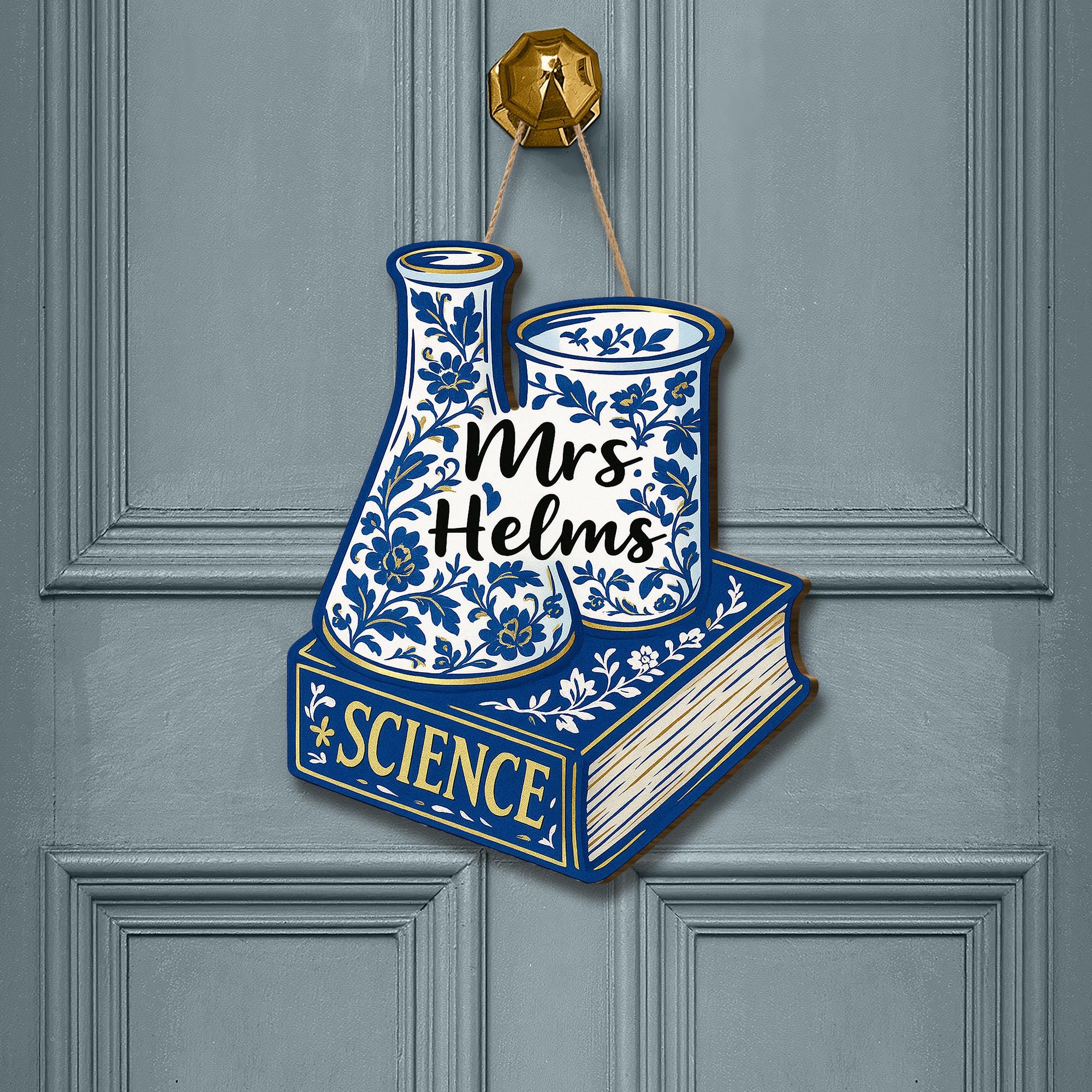 Custom Science Teacher Door Sign - Chinoiserie Classroom Decor - Personalized STEM Gift - Blue Floral Lab Book Name Sign for Teachers
