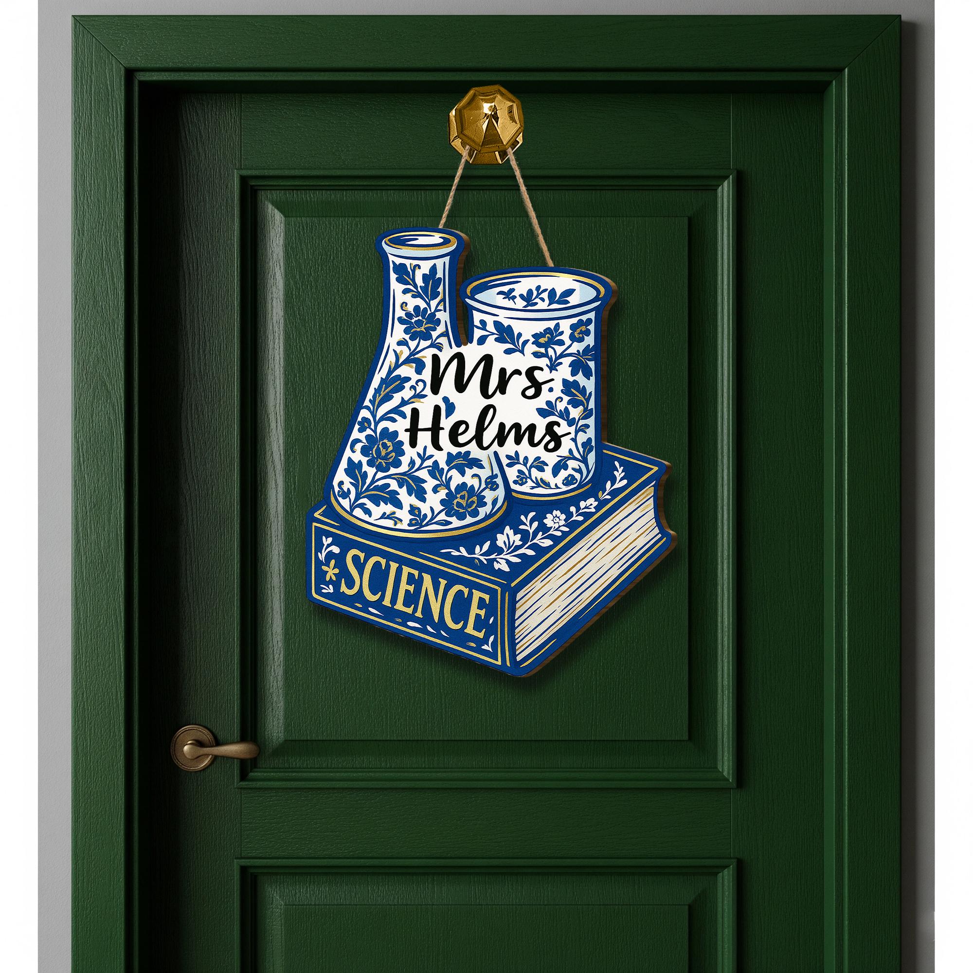 Custom Science Teacher Door Sign - Chinoiserie Classroom Decor - Personalized STEM Gift - Blue Floral Lab Book Name Sign for Teachers