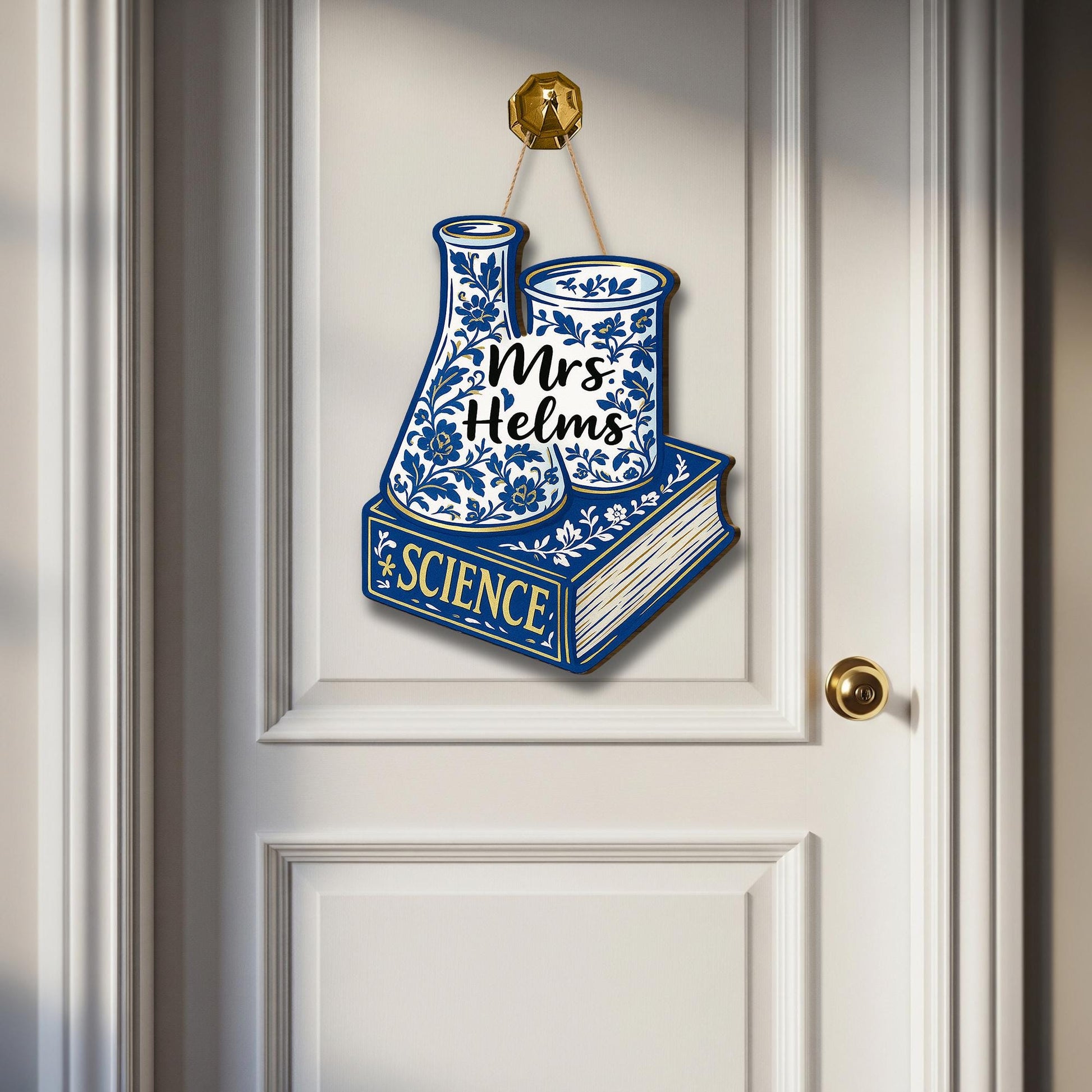 Custom Science Teacher Door Sign - Chinoiserie Classroom Decor - Personalized STEM Gift - Blue Floral Lab Book Name Sign for Teachers