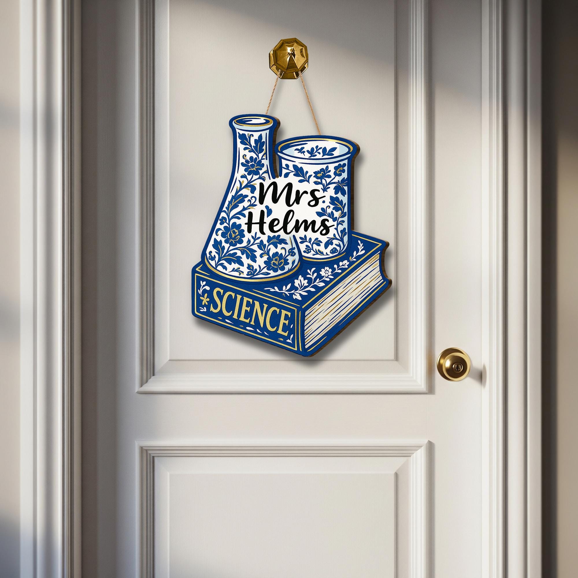 Custom Science Teacher Door Sign - Chinoiserie Classroom Decor - Personalized STEM Gift - Blue Floral Lab Book Name Sign for Teachers