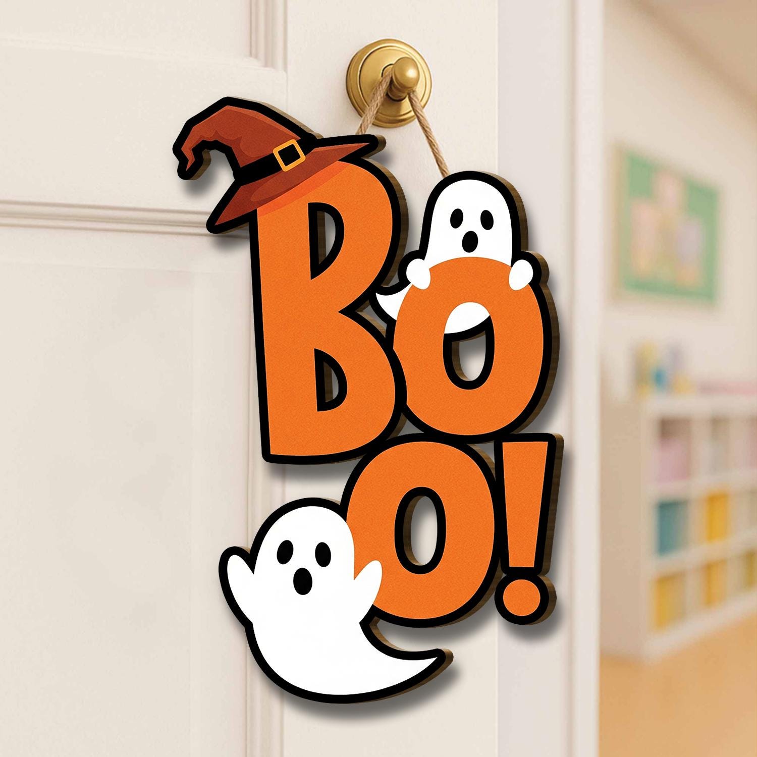 BOO Ghost Halloween Door Hanger, Cute Witch Hat Sign for Front Door, Fun Halloween Decor, Ghost Door Decoration for Fall, Home Door Hanger