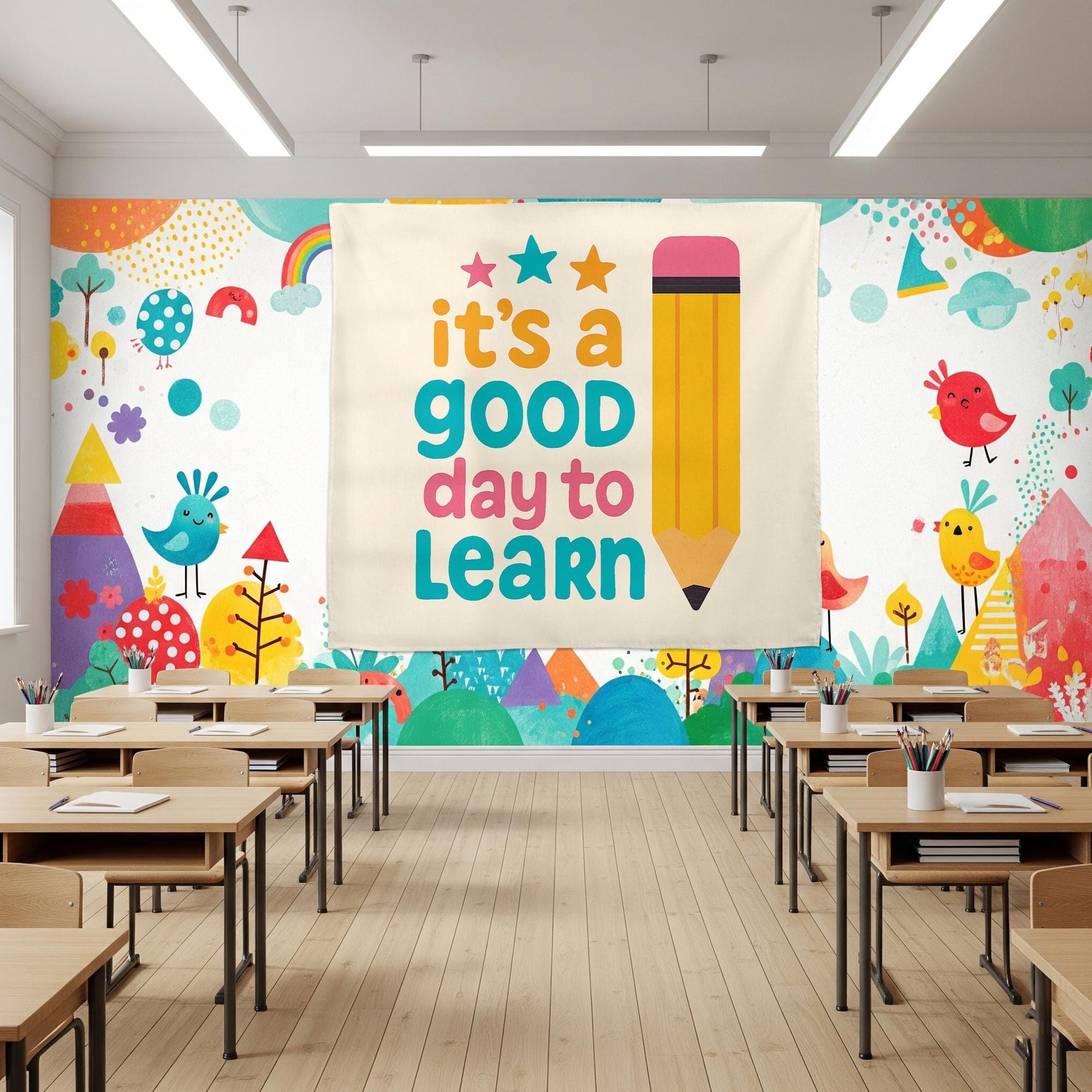It’s a Good Day to Learn Tapestry, Classroom Wall Banner, Teacher Motivation Sign, School Decor, Bright Pencil Learning Poster