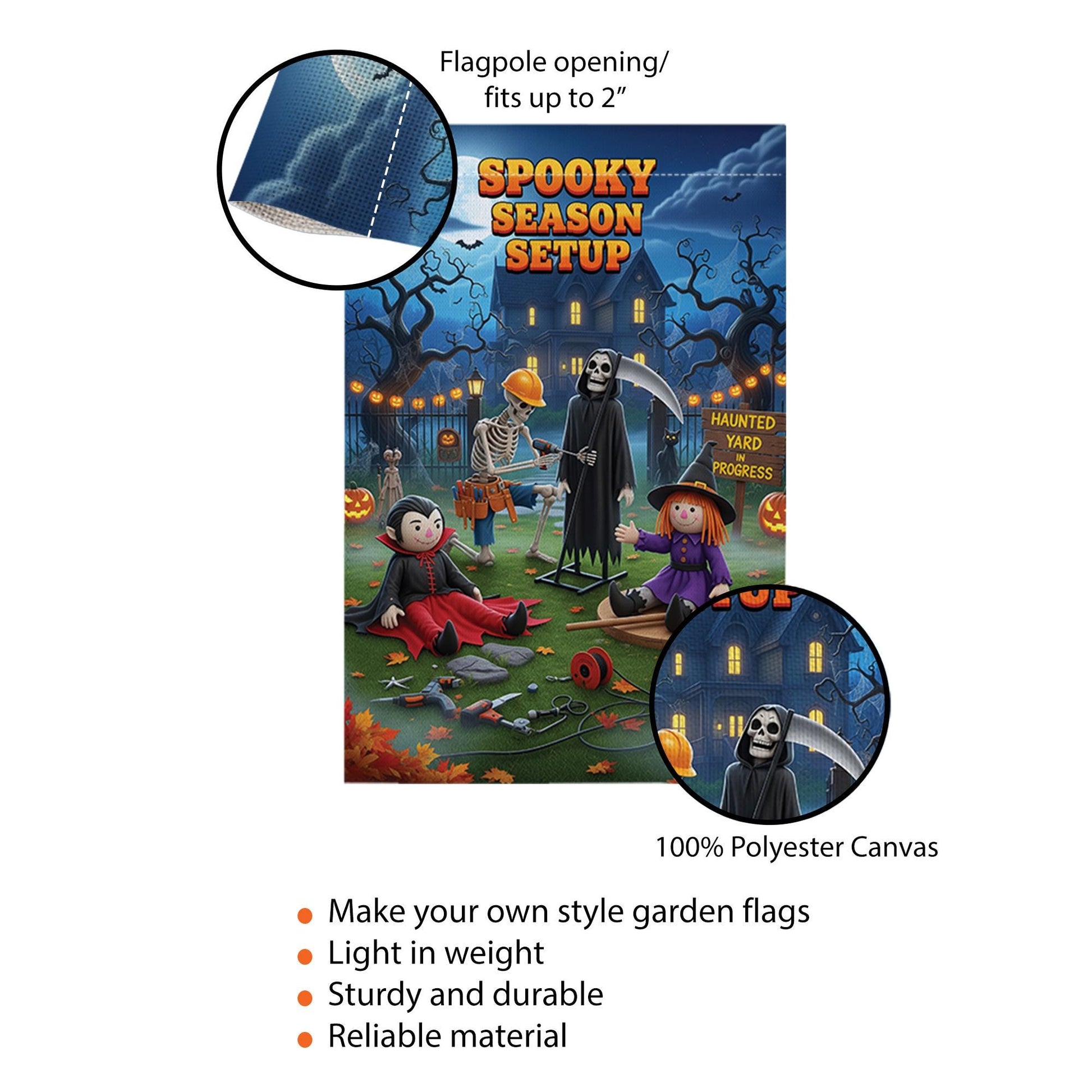 Spooky Season Setup Garden Flag – Funny Halloween Yard Decor with Skeleton, Witch, Grim Reaper & Vampire – Haunted Yard Sign for Outdoor