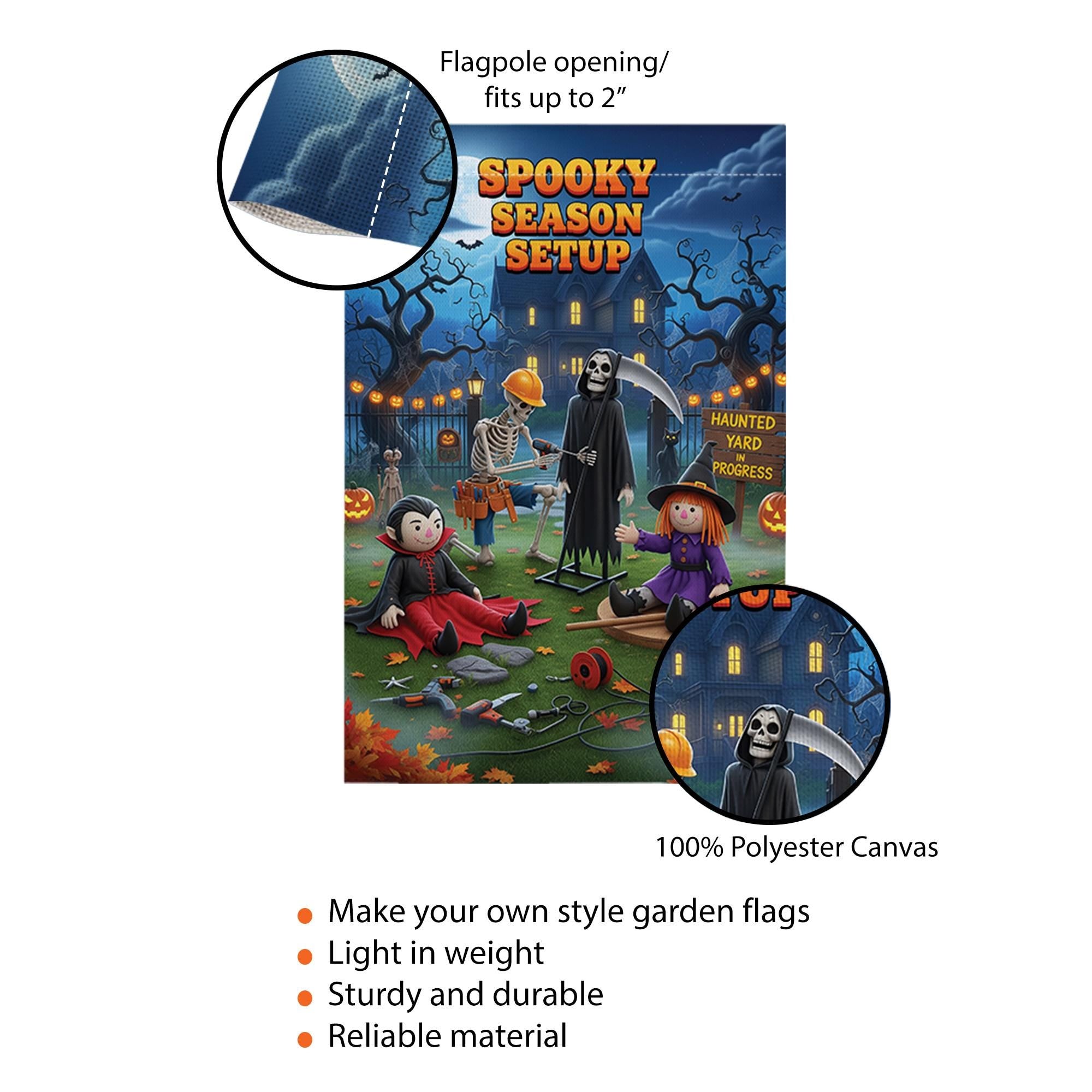Spooky Season Setup Garden Flag – Funny Halloween Yard Decor with Skeleton, Witch, Grim Reaper & Vampire – Haunted Yard Sign for Outdoor