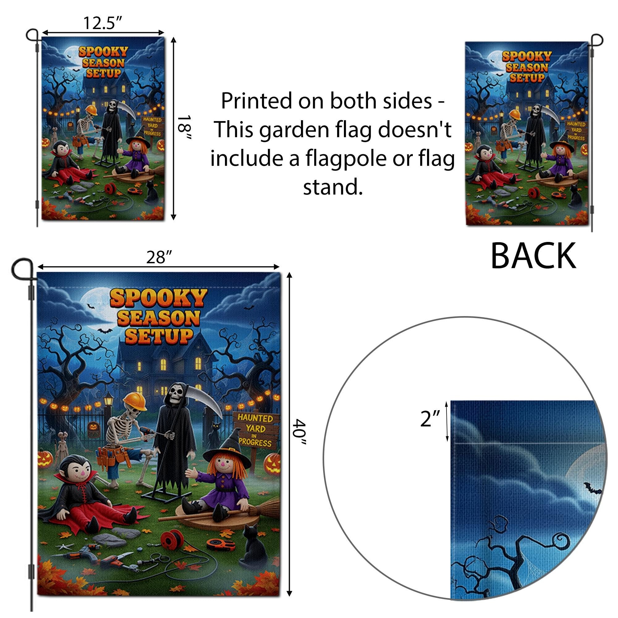 Spooky Season Setup Garden Flag – Funny Halloween Yard Decor with Skeleton, Witch, Grim Reaper & Vampire – Haunted Yard Sign for Outdoor
