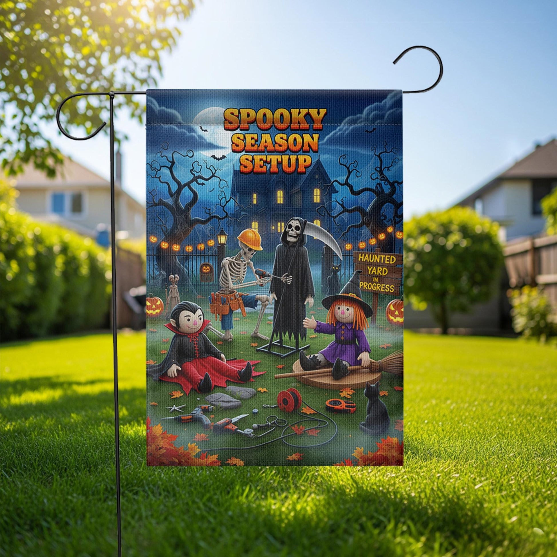 Spooky Season Setup Garden Flag – Funny Halloween Yard Decor with Skeleton, Witch, Grim Reaper & Vampire – Haunted Yard Sign for Outdoor