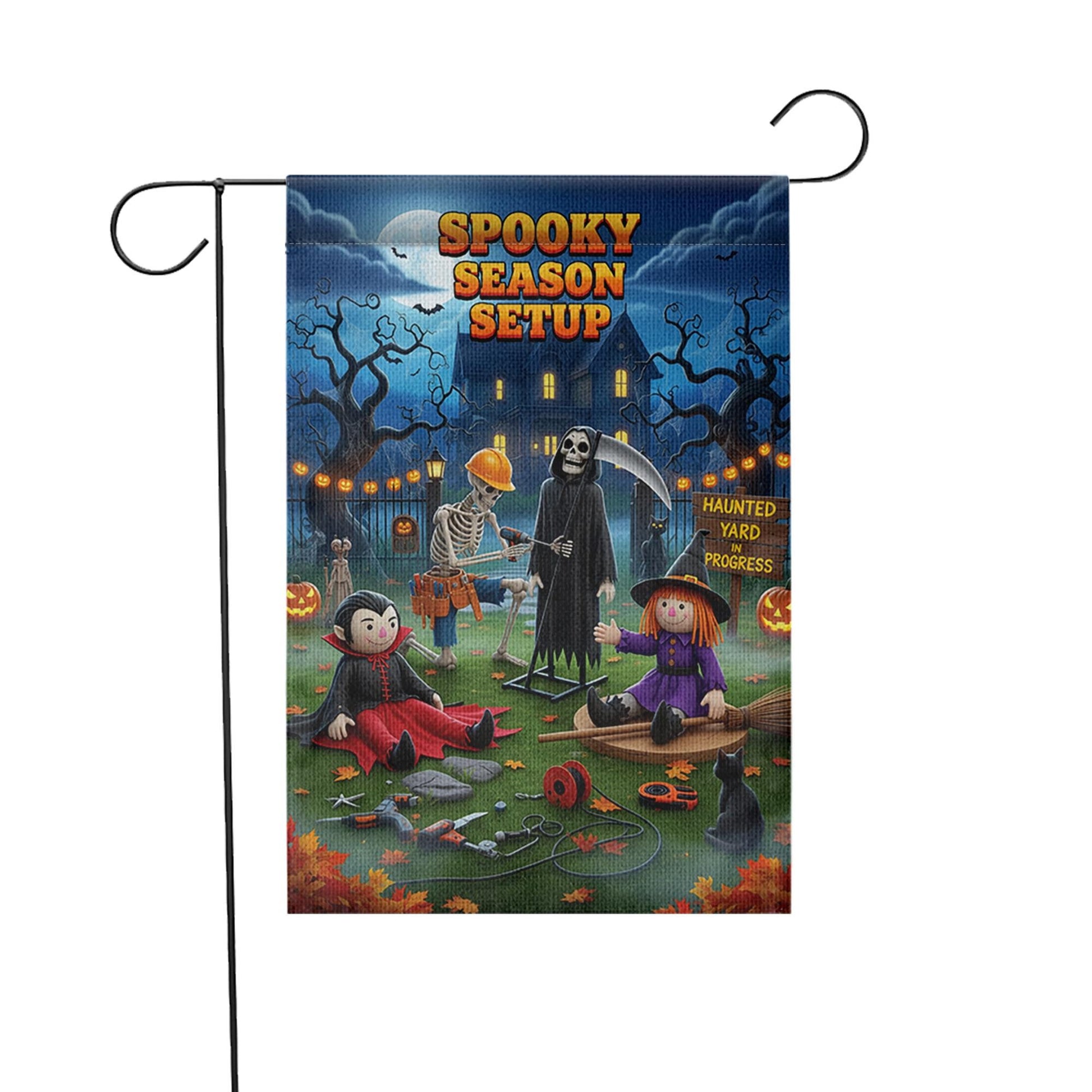 Spooky Season Setup Garden Flag – Funny Halloween Yard Decor with Skeleton, Witch, Grim Reaper & Vampire – Haunted Yard Sign for Outdoor