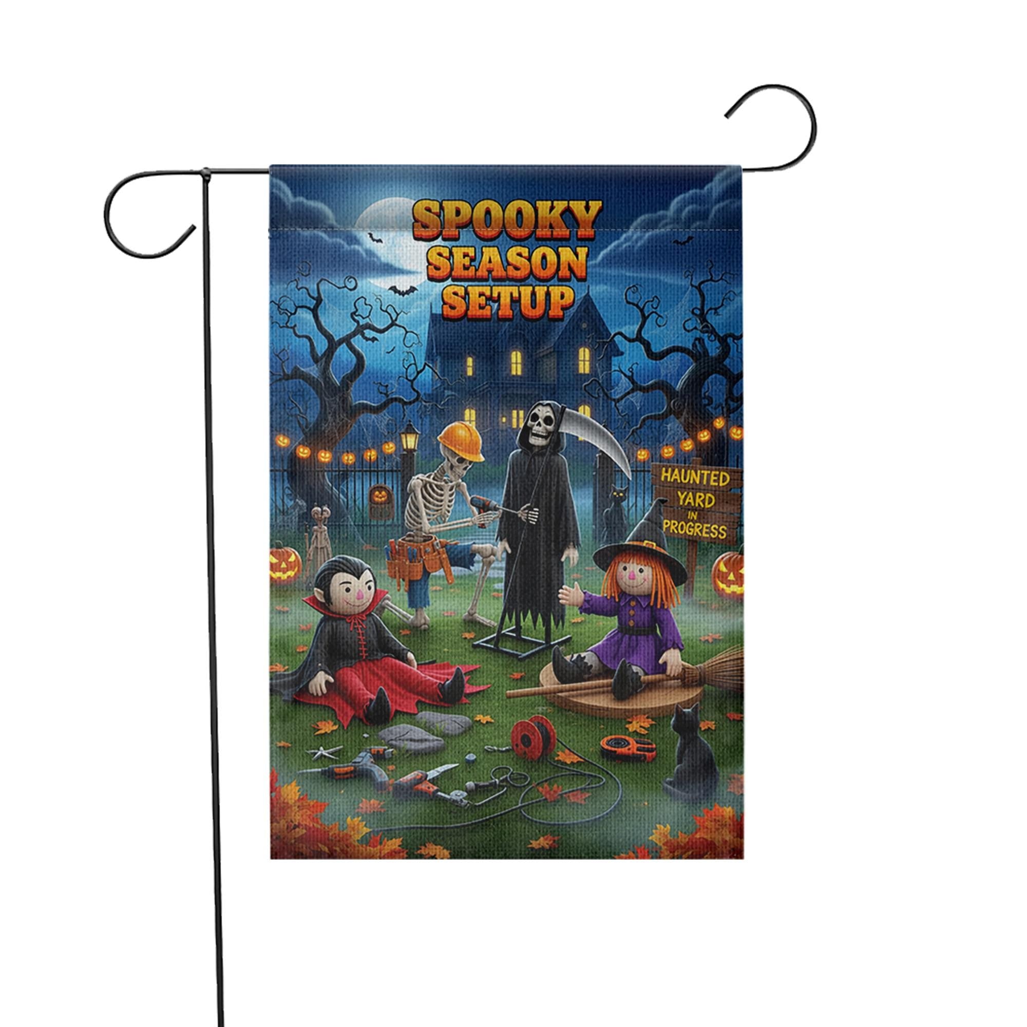 Spooky Season Setup Garden Flag – Funny Halloween Yard Decor with Skeleton, Witch, Grim Reaper & Vampire – Haunted Yard Sign for Outdoor