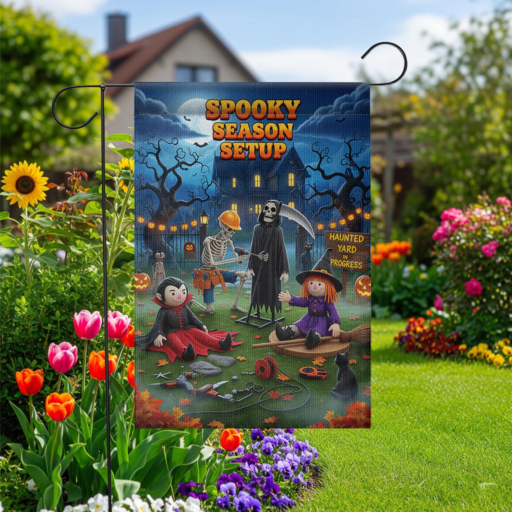 Spooky Season Setup Garden Flag – Funny Halloween Yard Decor with Skeleton, Witch, Grim Reaper & Vampire – Haunted Yard Sign for Outdoor