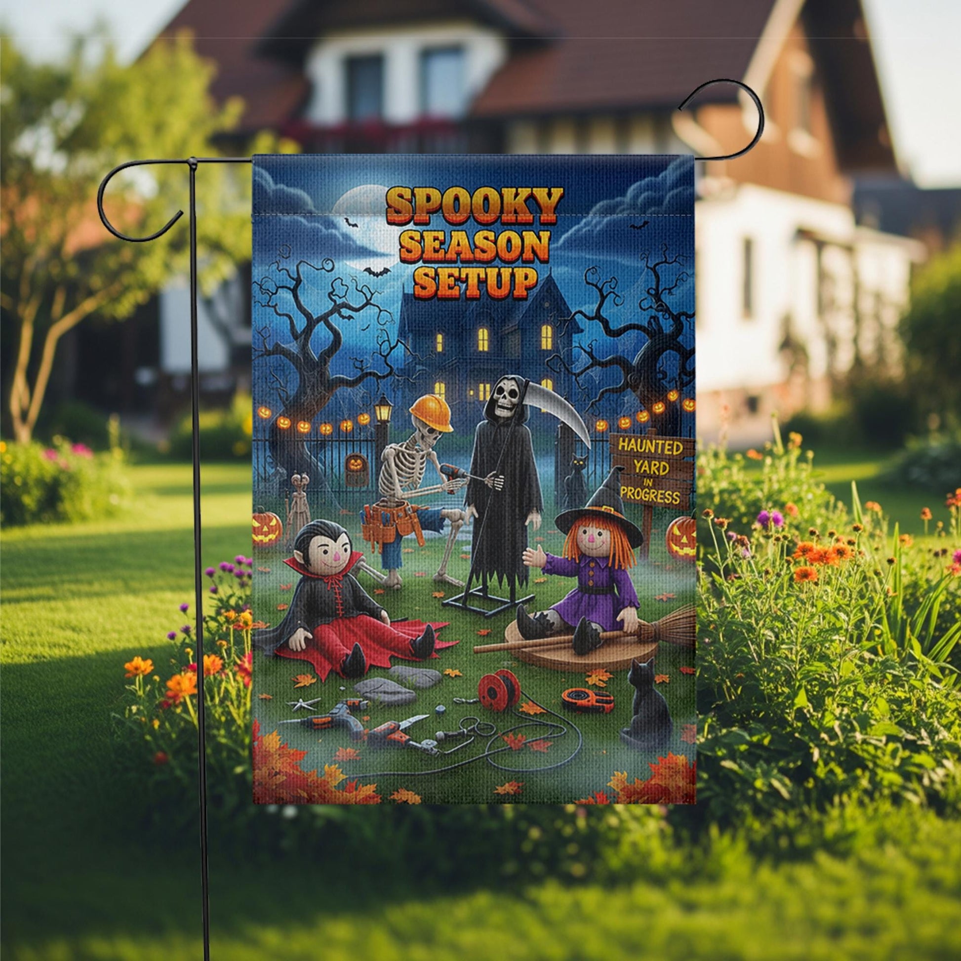 Spooky Season Setup Garden Flag – Funny Halloween Yard Decor with Skeleton, Witch, Grim Reaper & Vampire – Haunted Yard Sign for Outdoor