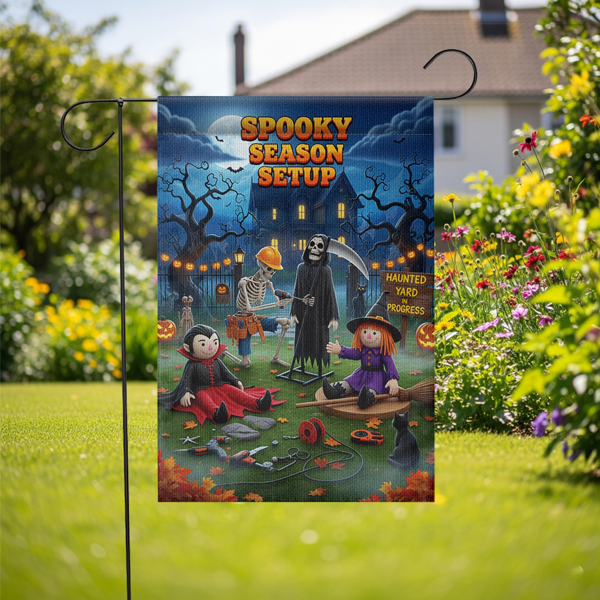 Spooky Season Setup Garden Flag – Funny Halloween Yard Decor with Skeleton, Witch, Grim Reaper & Vampire – Haunted Yard Sign for Outdoor
