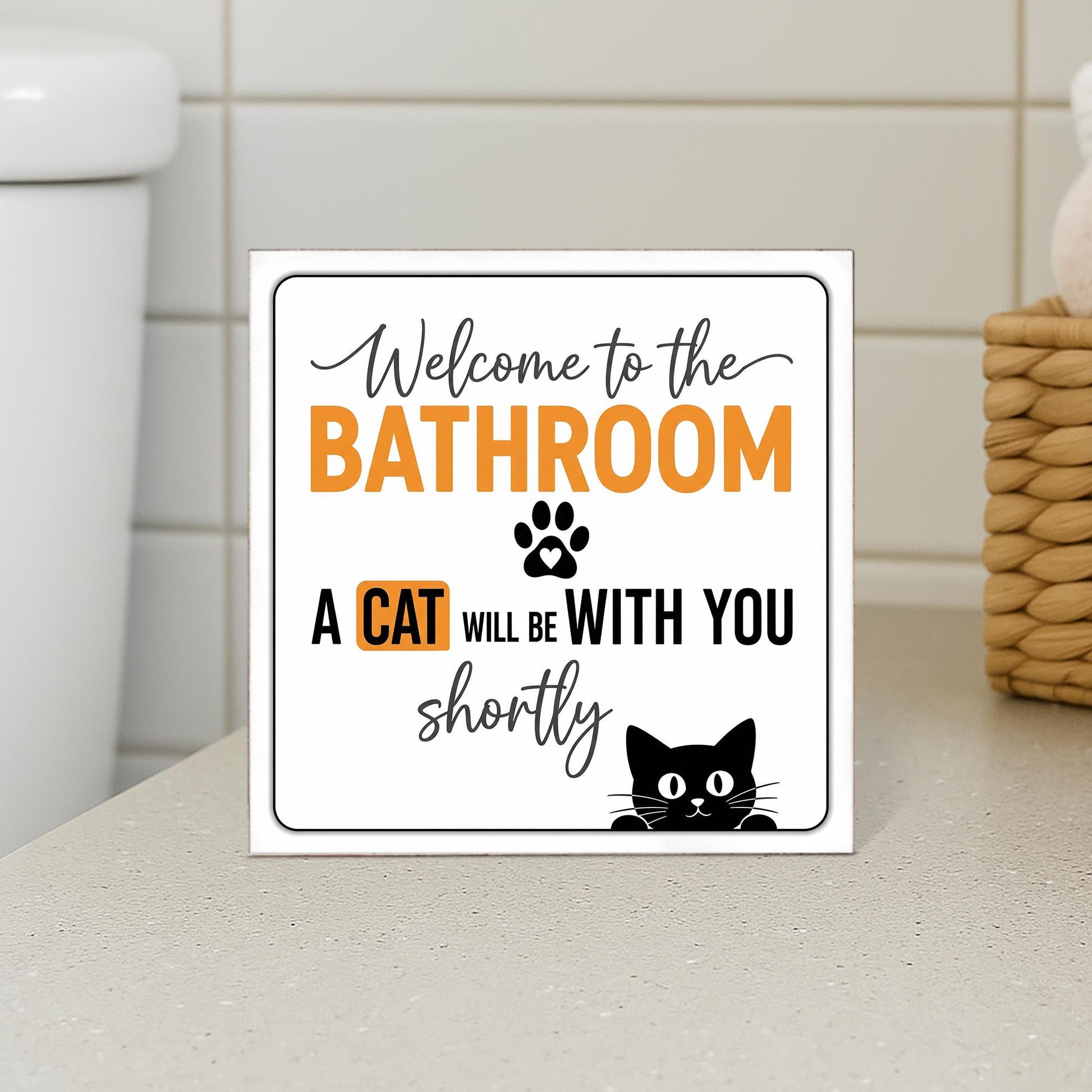 Funny Cat Bathroom Wooden Block Sign – Welcome to the Bathroom, A Cat Will Be With You Shortly, Pet Decor for Cat Lovers, Guests Shelf Decor