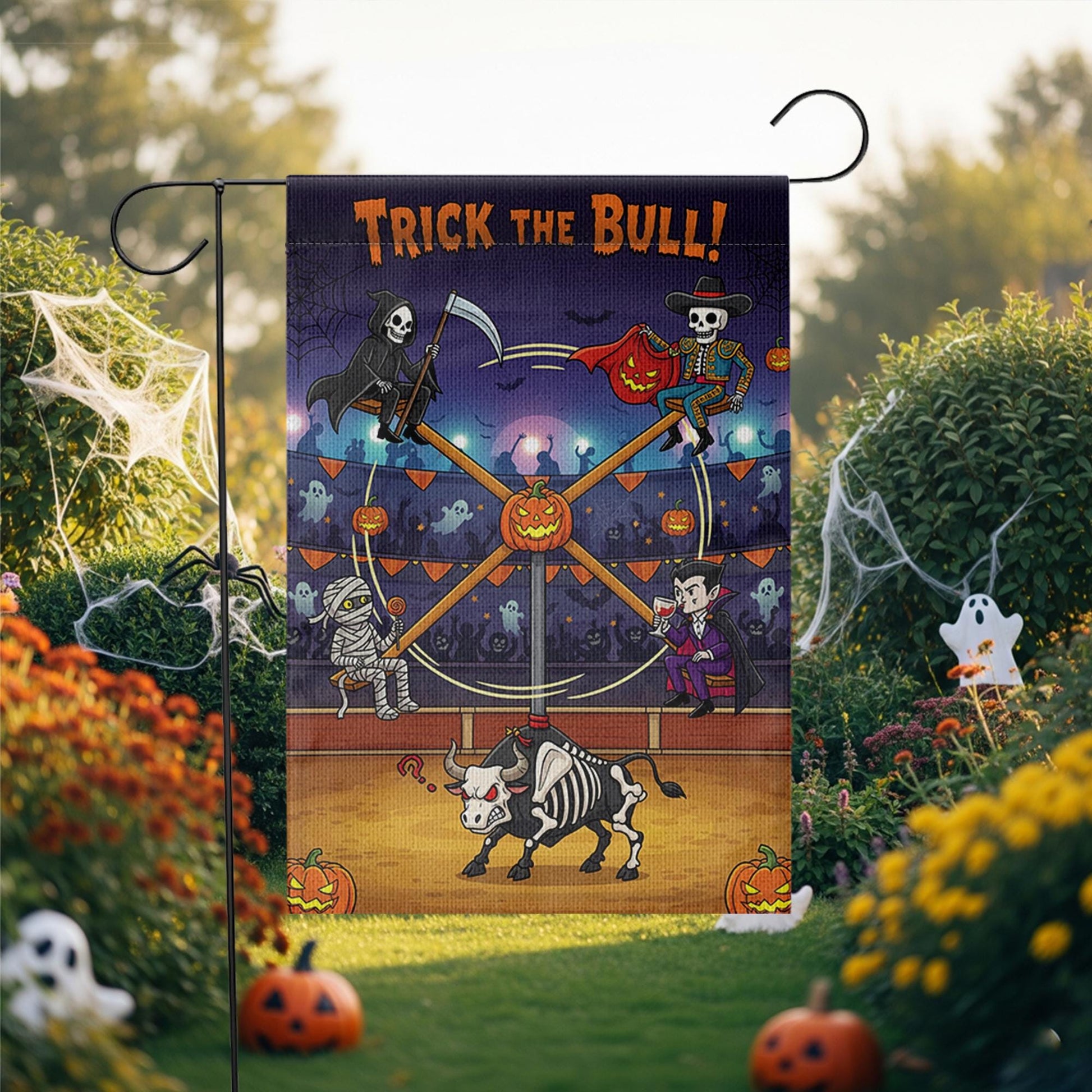 Trick the Bull Halloween Garden Flag – Funny Haunted Yard Decor with Skeleton Bull, Vampire, Grim Reaper & Mummy – Spooky Outdoor Sign