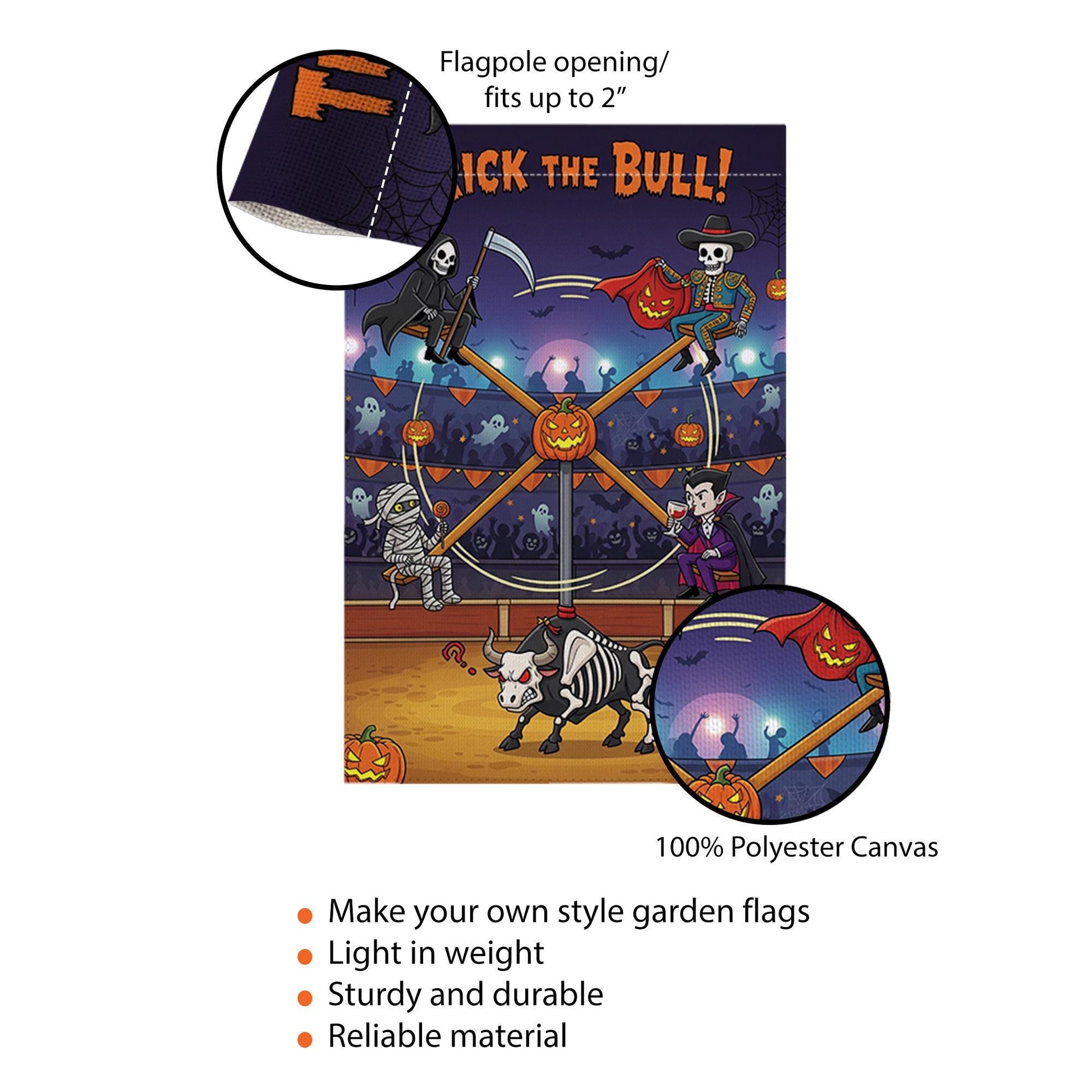 Trick the Bull Halloween Garden Flag – Funny Haunted Yard Decor with Skeleton Bull, Vampire, Grim Reaper & Mummy – Spooky Outdoor Sign