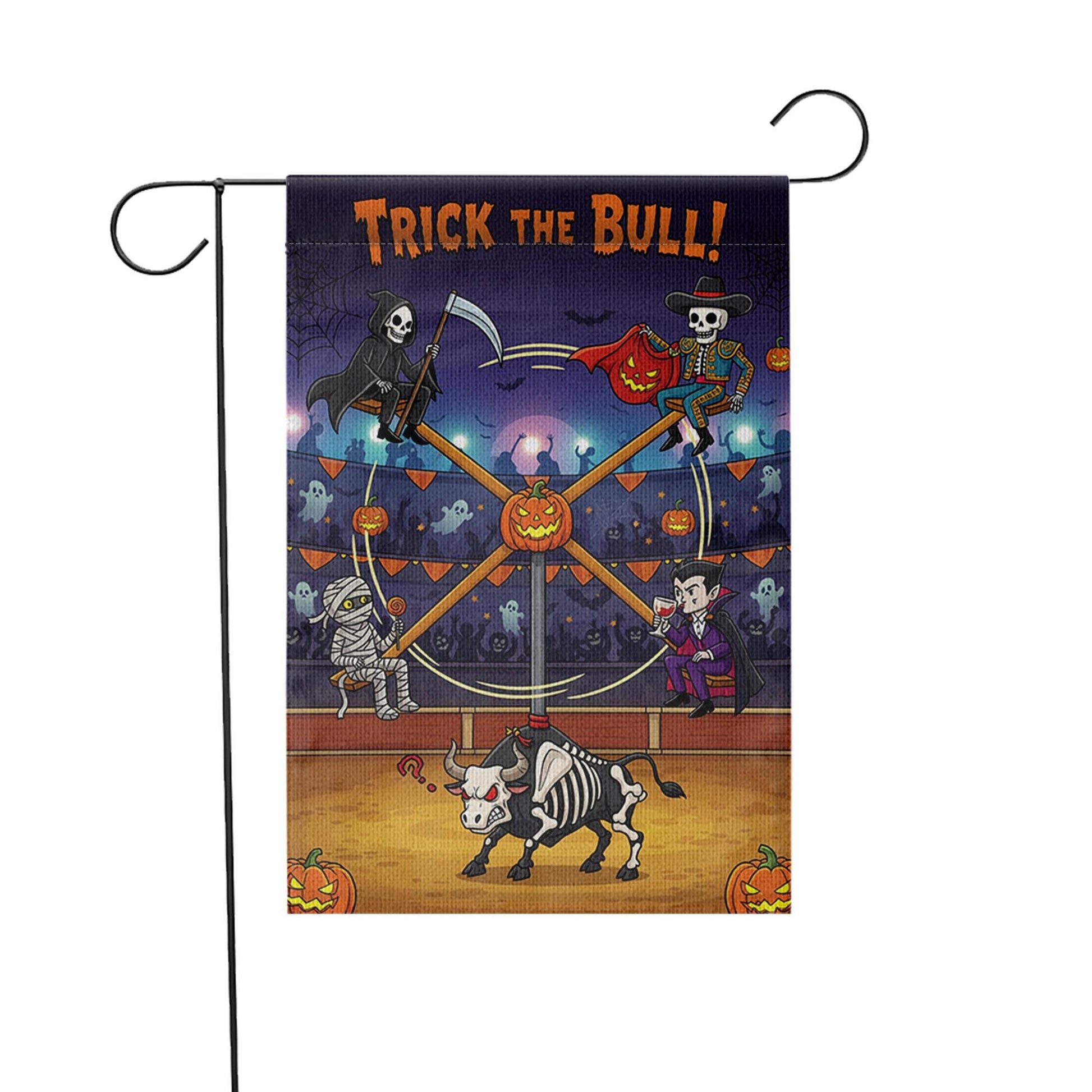 Trick the Bull Halloween Garden Flag – Funny Haunted Yard Decor with Skeleton Bull, Vampire, Grim Reaper & Mummy – Spooky Outdoor Sign