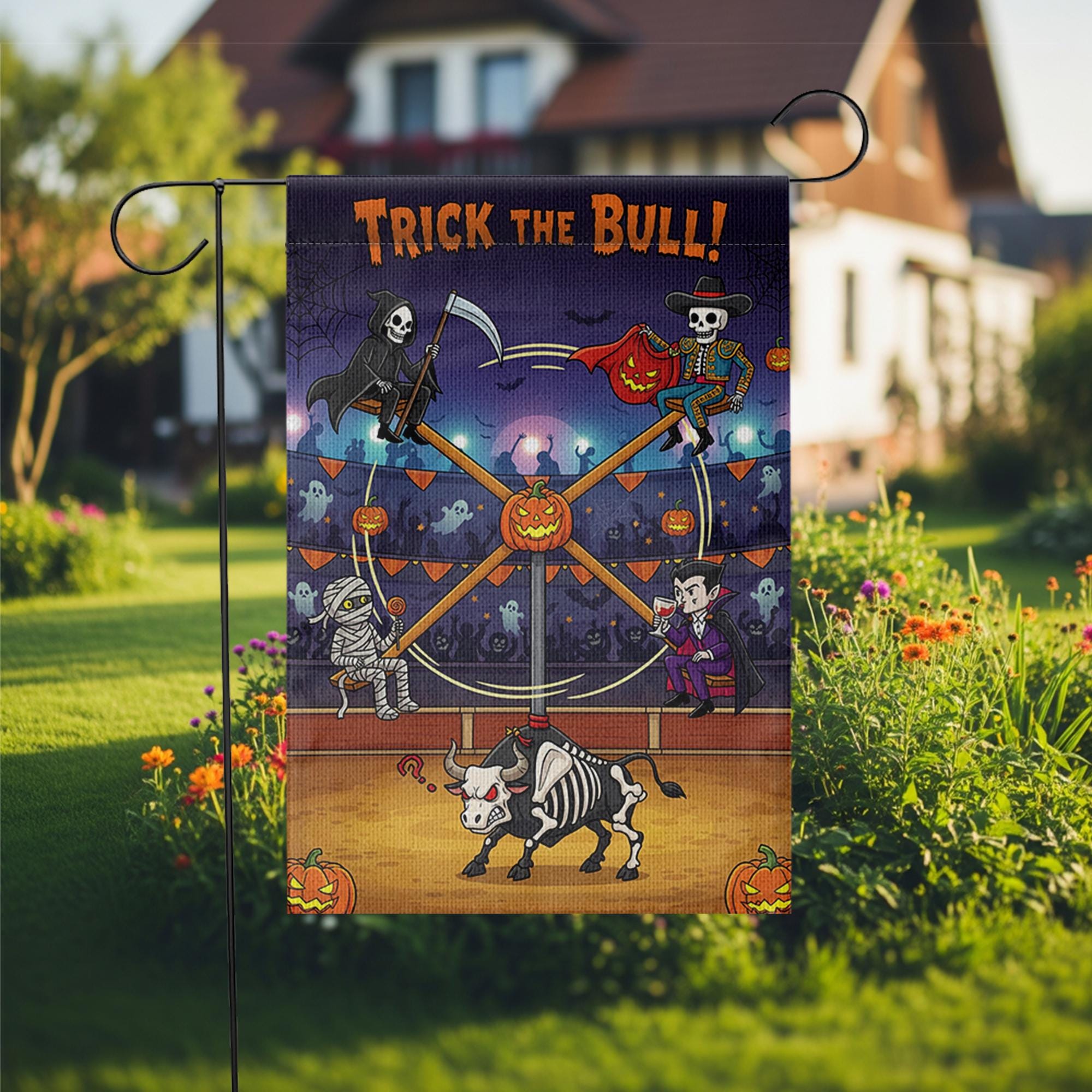 Trick the Bull Halloween Garden Flag – Funny Haunted Yard Decor with Skeleton Bull, Vampire, Grim Reaper & Mummy – Spooky Outdoor Sign