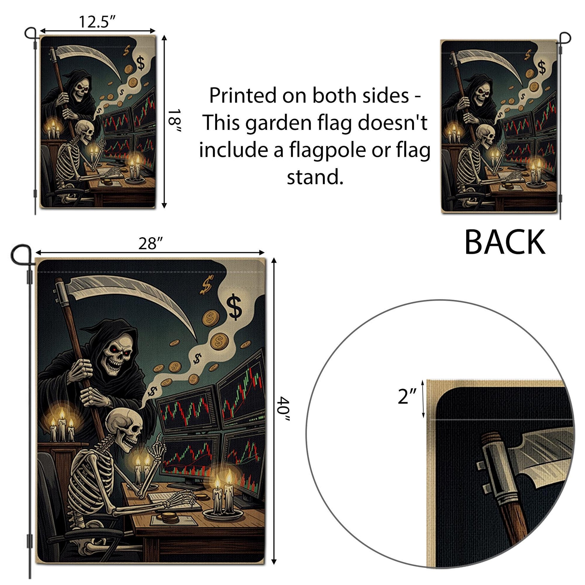 Funny Stock Market Halloween Garden Flag – Skeleton Trader & Grim Reaper Candlelight Office – Spooky Wall Street Finance Yard Decor