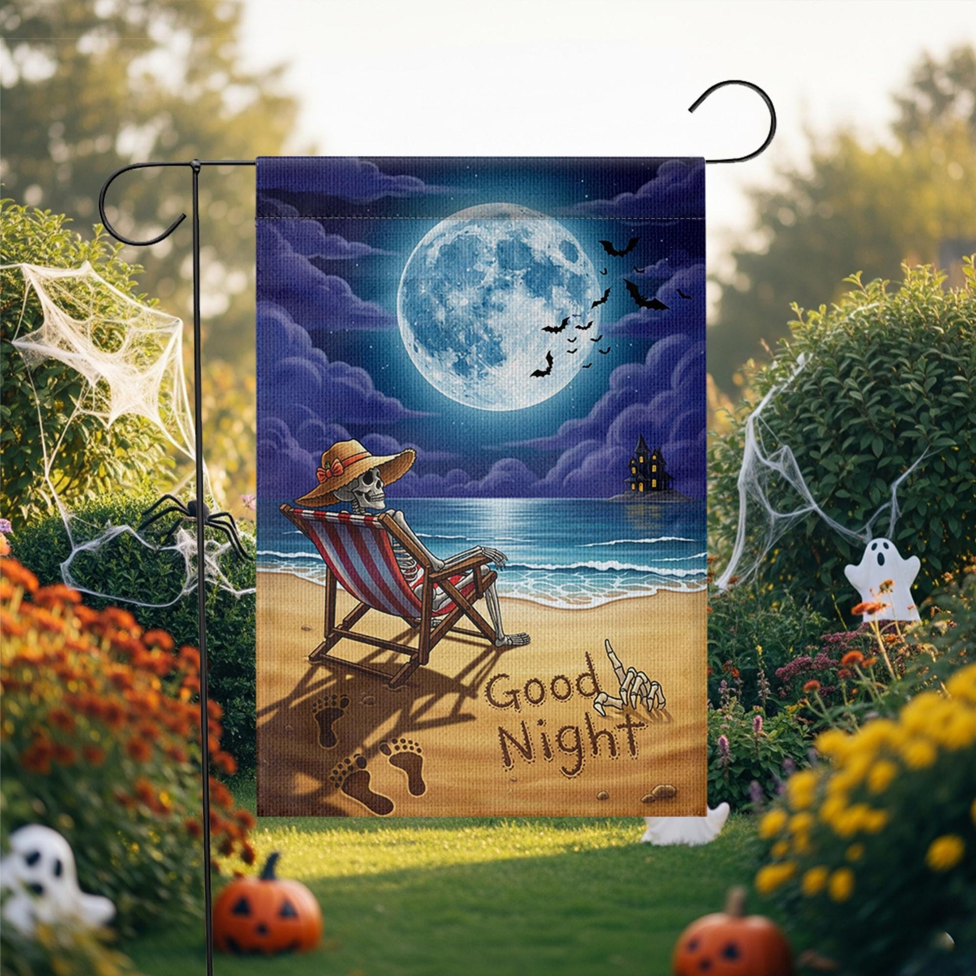Good Night Skeleton Beach Garden Flag – Spooky Halloween Moonlight Decor for Yard or Patio – Funny Skeleton on Vacation Outdoor Sign