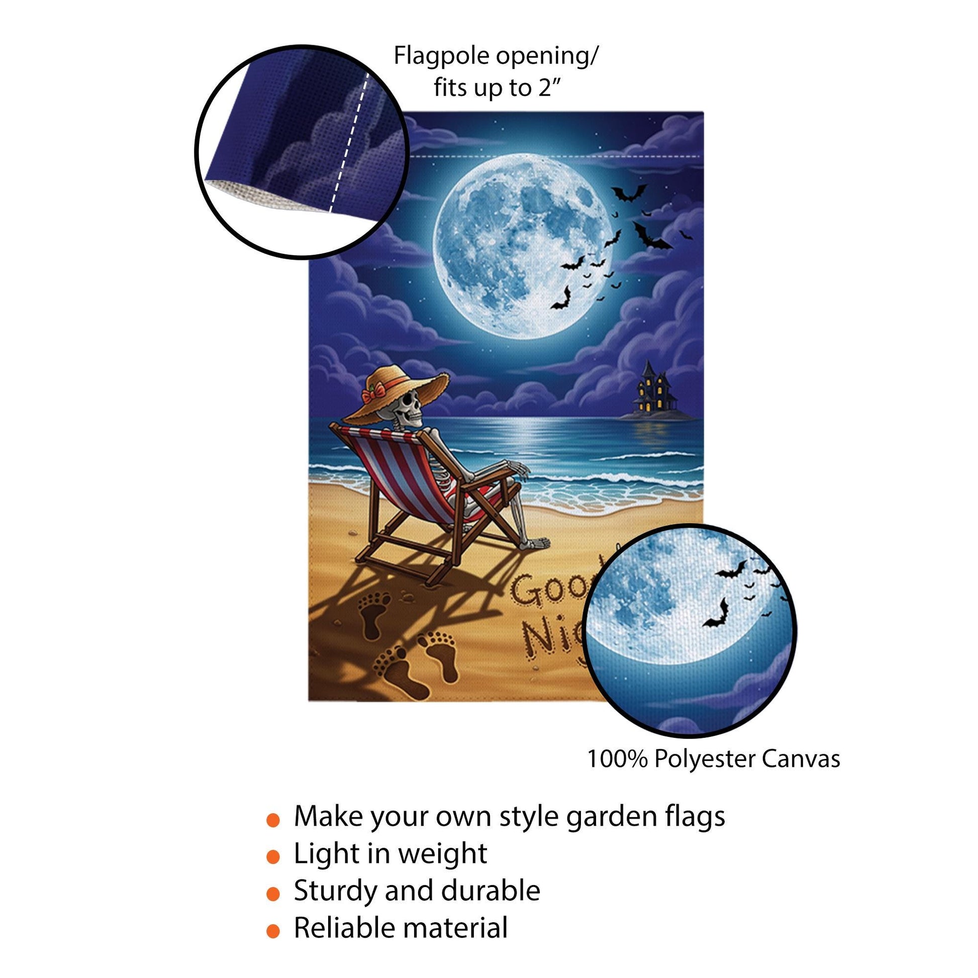 Good Night Skeleton Beach Garden Flag – Spooky Halloween Moonlight Decor for Yard or Patio – Funny Skeleton on Vacation Outdoor Sign