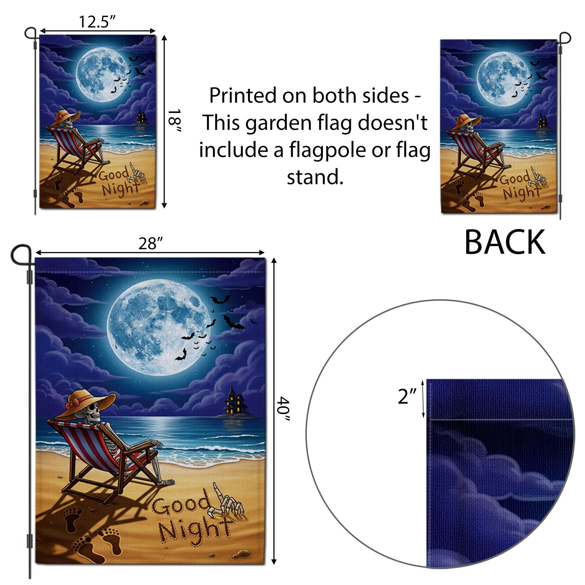 Good Night Skeleton Beach Garden Flag – Spooky Halloween Moonlight Decor for Yard or Patio – Funny Skeleton on Vacation Outdoor Sign