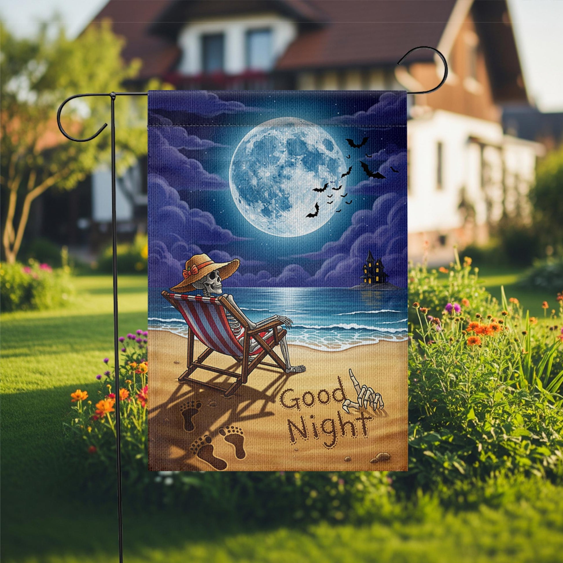 Good Night Skeleton Beach Garden Flag – Spooky Halloween Moonlight Decor for Yard or Patio – Funny Skeleton on Vacation Outdoor Sign