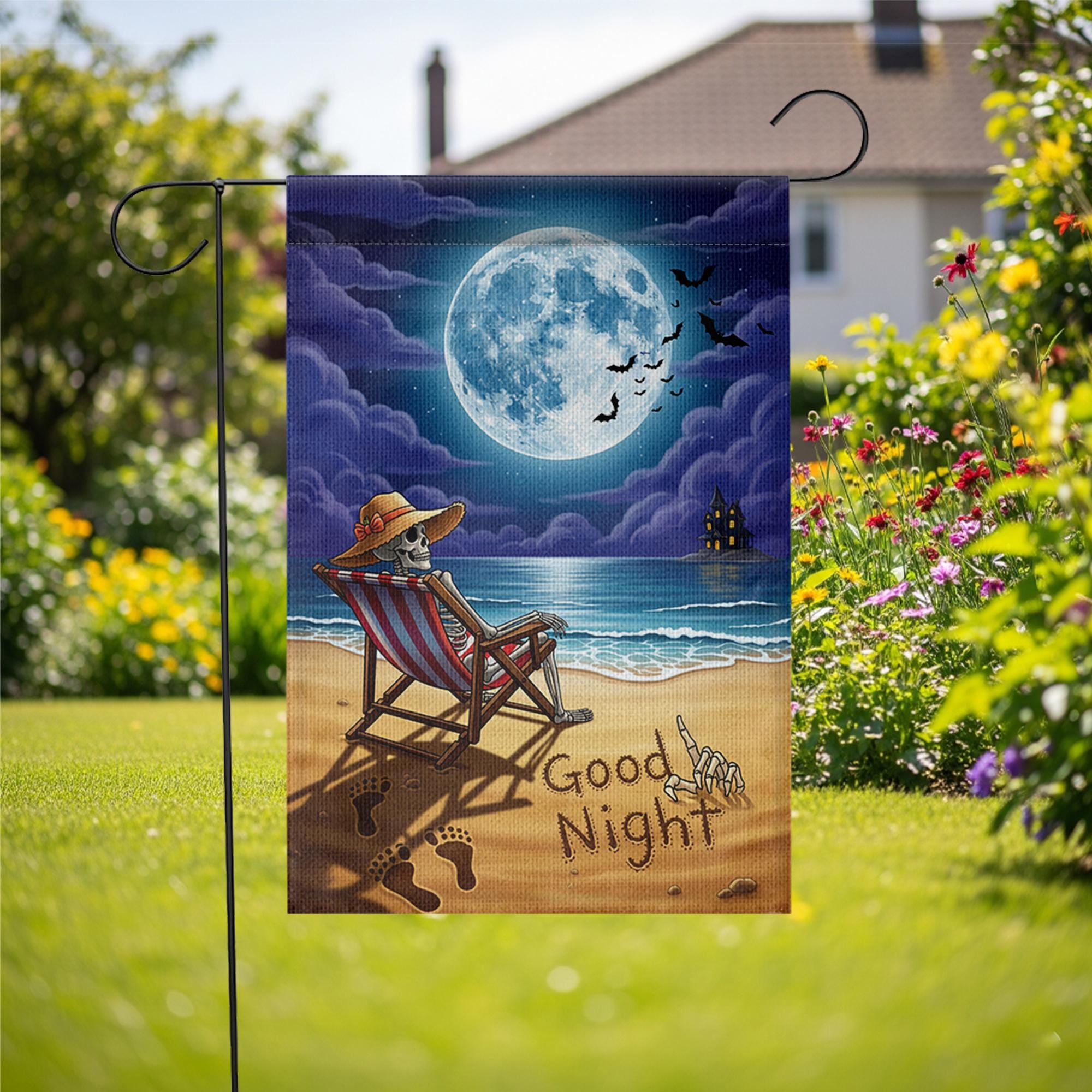 Good Night Skeleton Beach Garden Flag – Spooky Halloween Moonlight Decor for Yard or Patio – Funny Skeleton on Vacation Outdoor Sign