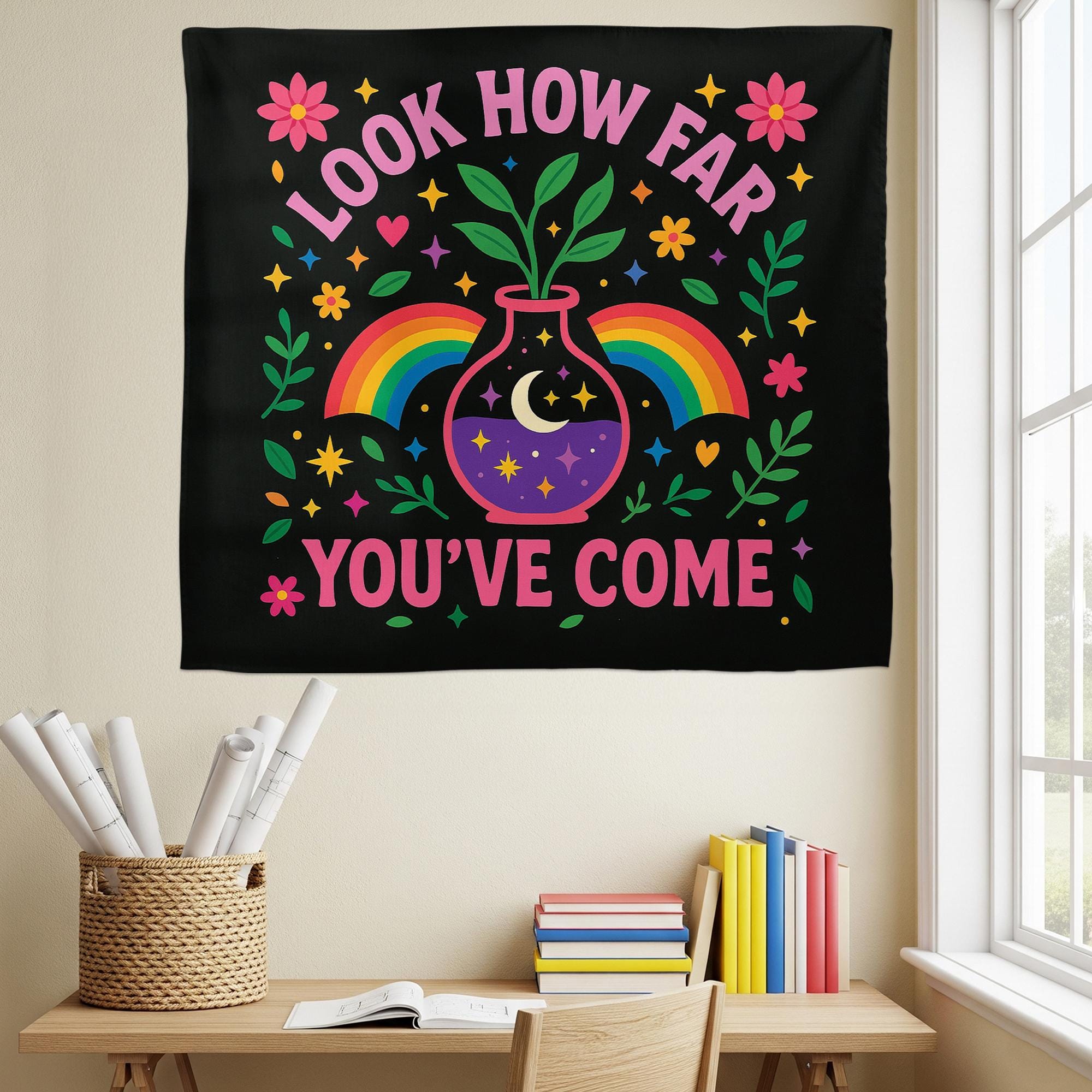 Inspirational Tapestry, Look How Far You’ve Come Wall Art, Motivational Classroom Banner, Rainbow Positive Decor for Teachers