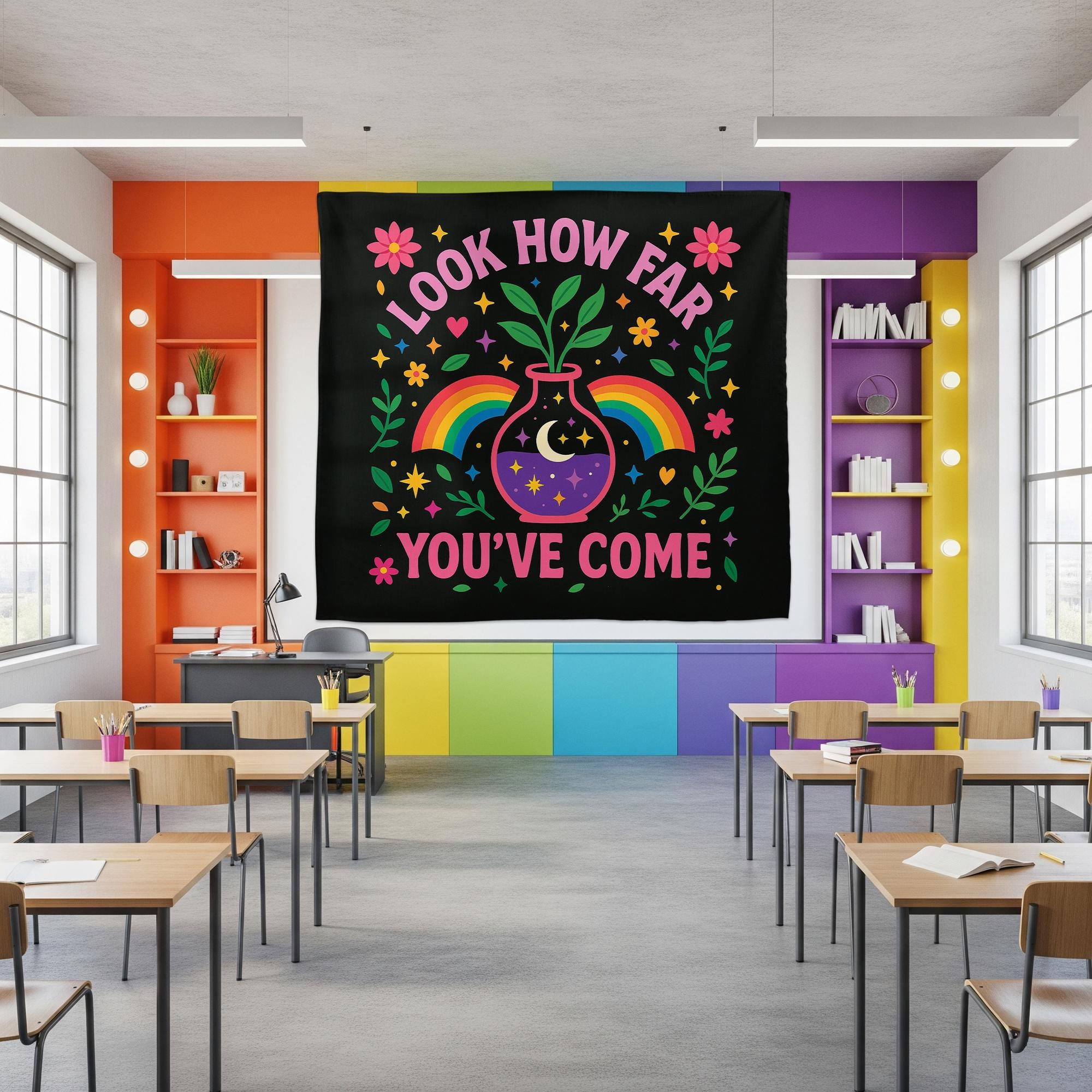 Inspirational Tapestry, Look How Far You’ve Come Wall Art, Motivational Classroom Banner, Rainbow Positive Decor for Teachers