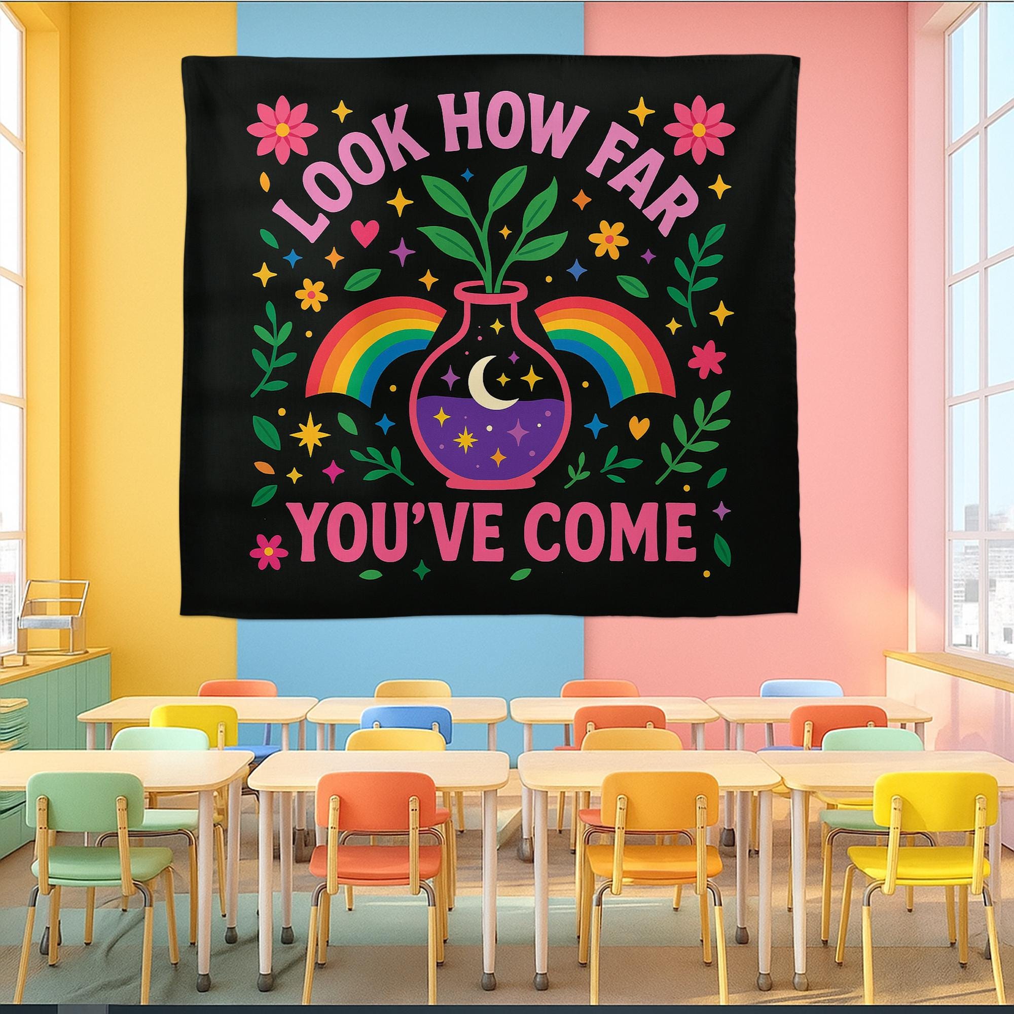 Inspirational Tapestry, Look How Far You’ve Come Wall Art, Motivational Classroom Banner, Rainbow Positive Decor for Teachers