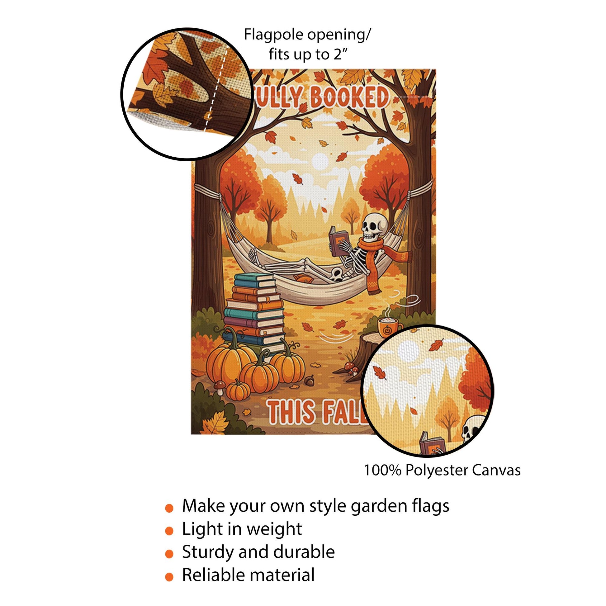 Fully Booked This Fall Garden Flag – Funny Autumn Reading Skeleton Decor – Cozy Halloween Book Lover Yard Sign with Pumpkins & Hammock