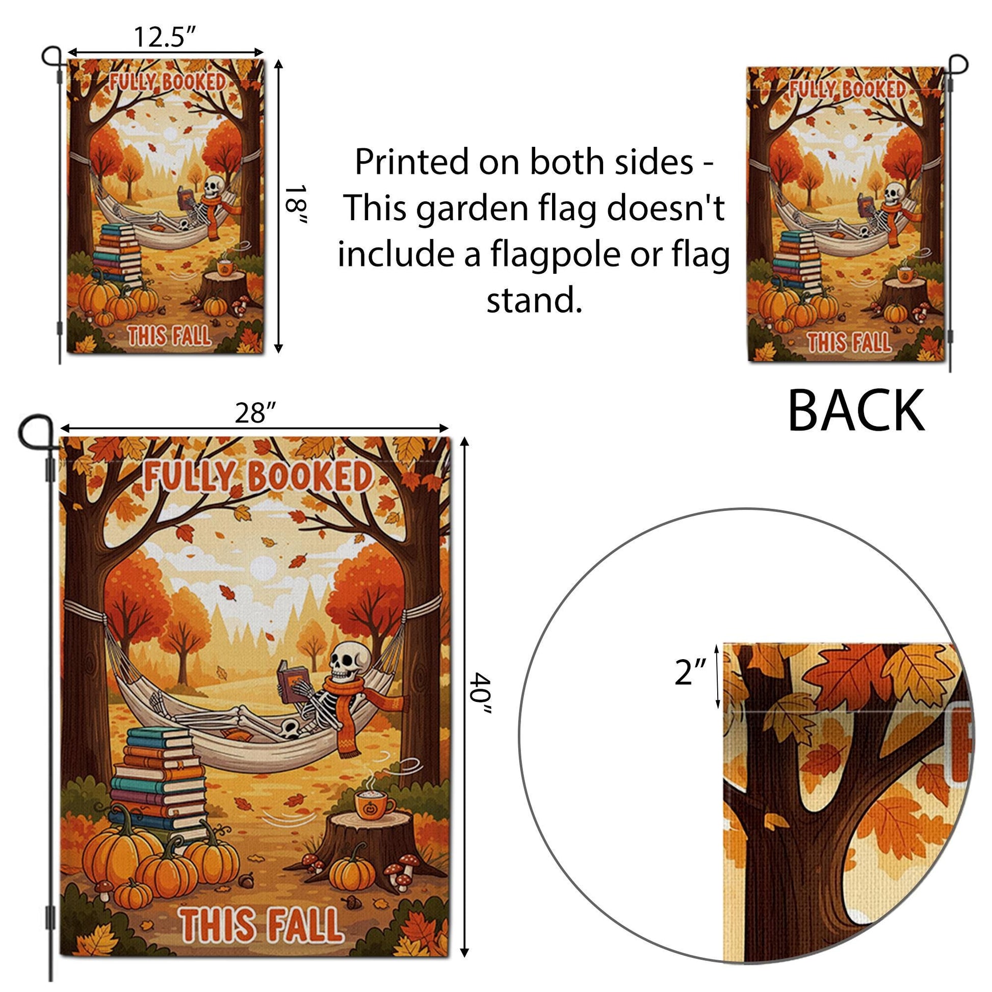Fully Booked This Fall Garden Flag – Funny Autumn Reading Skeleton Decor – Cozy Halloween Book Lover Yard Sign with Pumpkins & Hammock