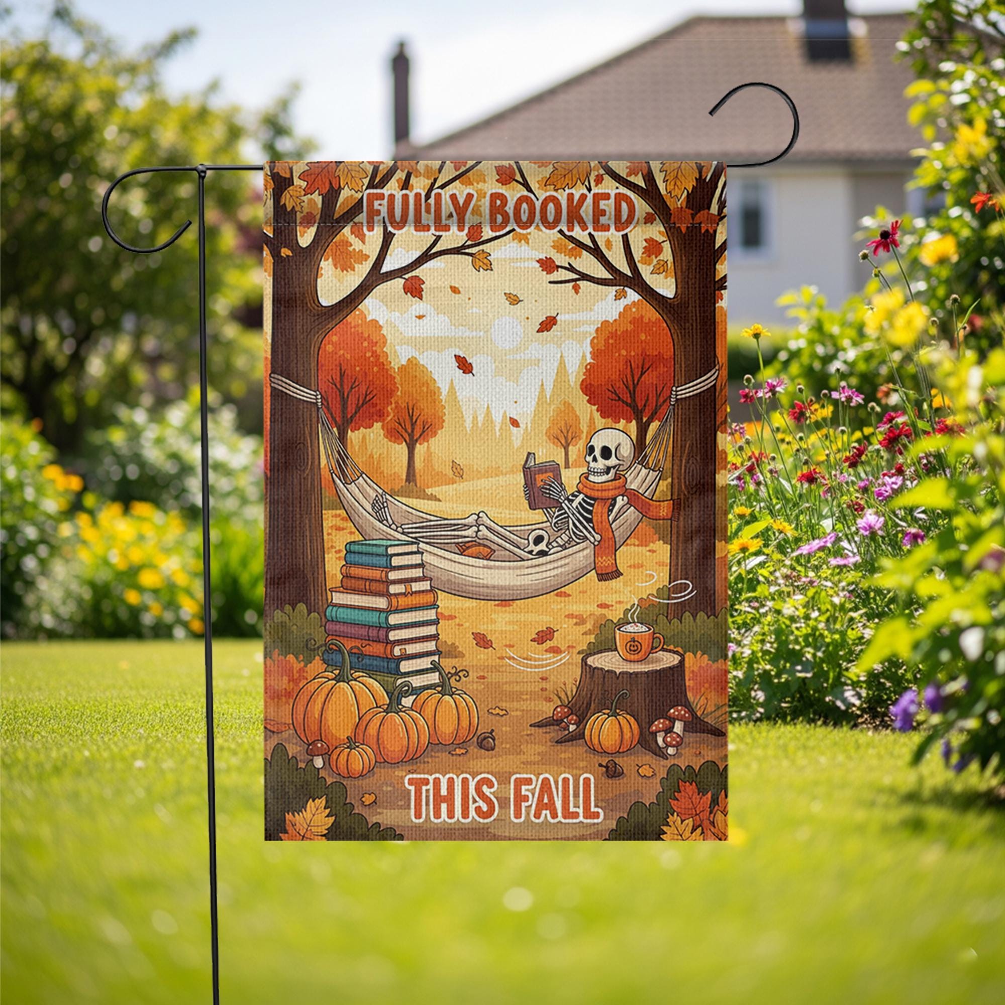 Fully Booked This Fall Garden Flag – Funny Autumn Reading Skeleton Decor – Cozy Halloween Book Lover Yard Sign with Pumpkins & Hammock