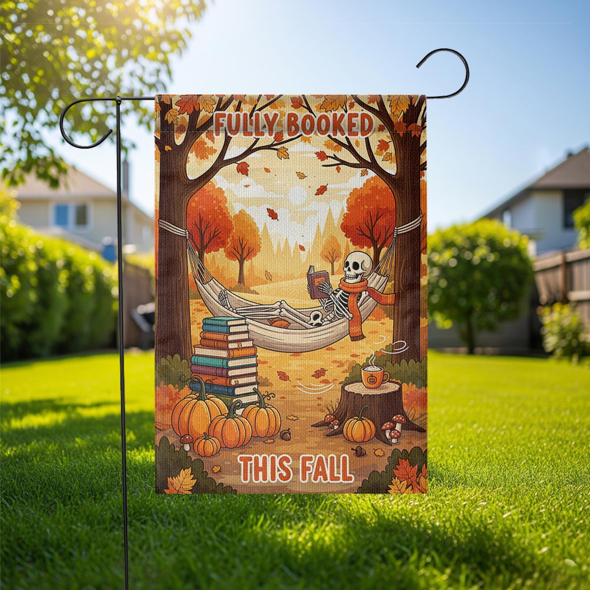 Fully Booked This Fall Garden Flag – Funny Autumn Reading Skeleton Decor – Cozy Halloween Book Lover Yard Sign with Pumpkins & Hammock