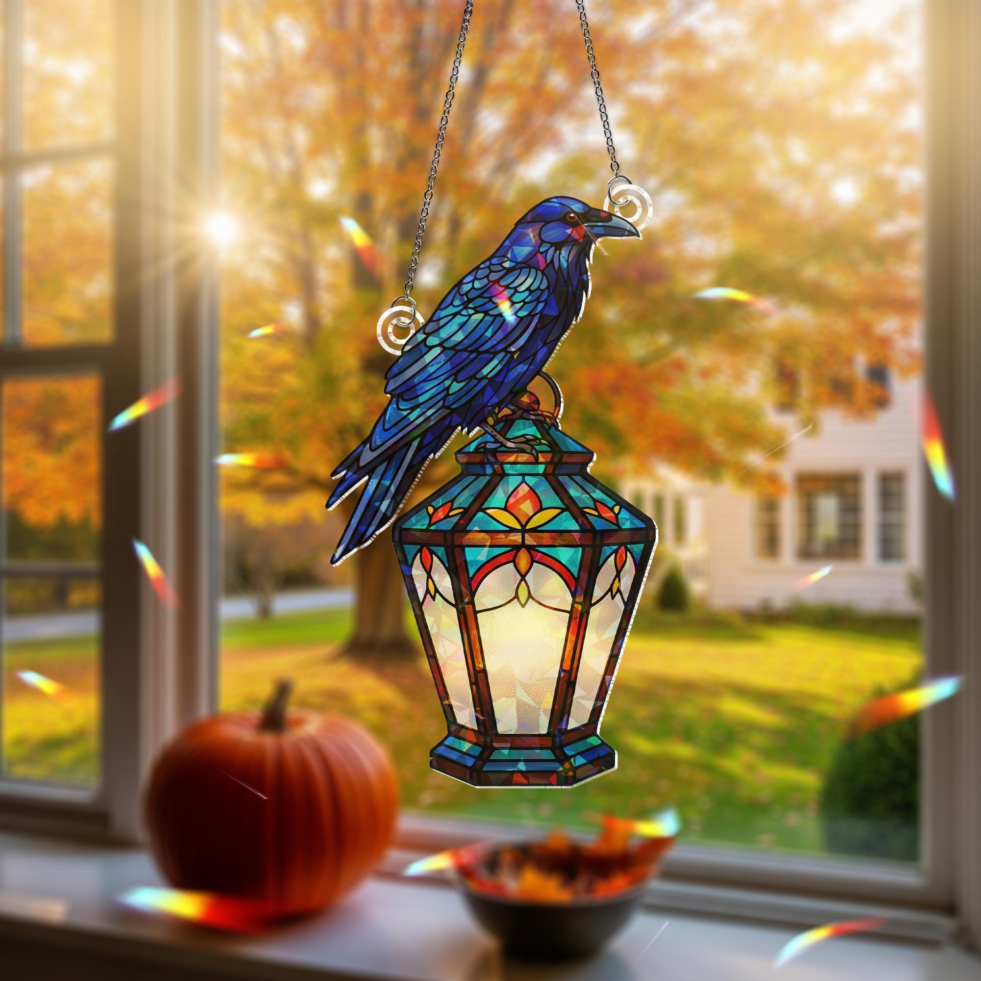 Raven Hologram Ornament – Gothic Crow on Lantern ACRYLIC Window Hanging – Dark Bird Decor for Halloween, Fall, or Year-Round Display