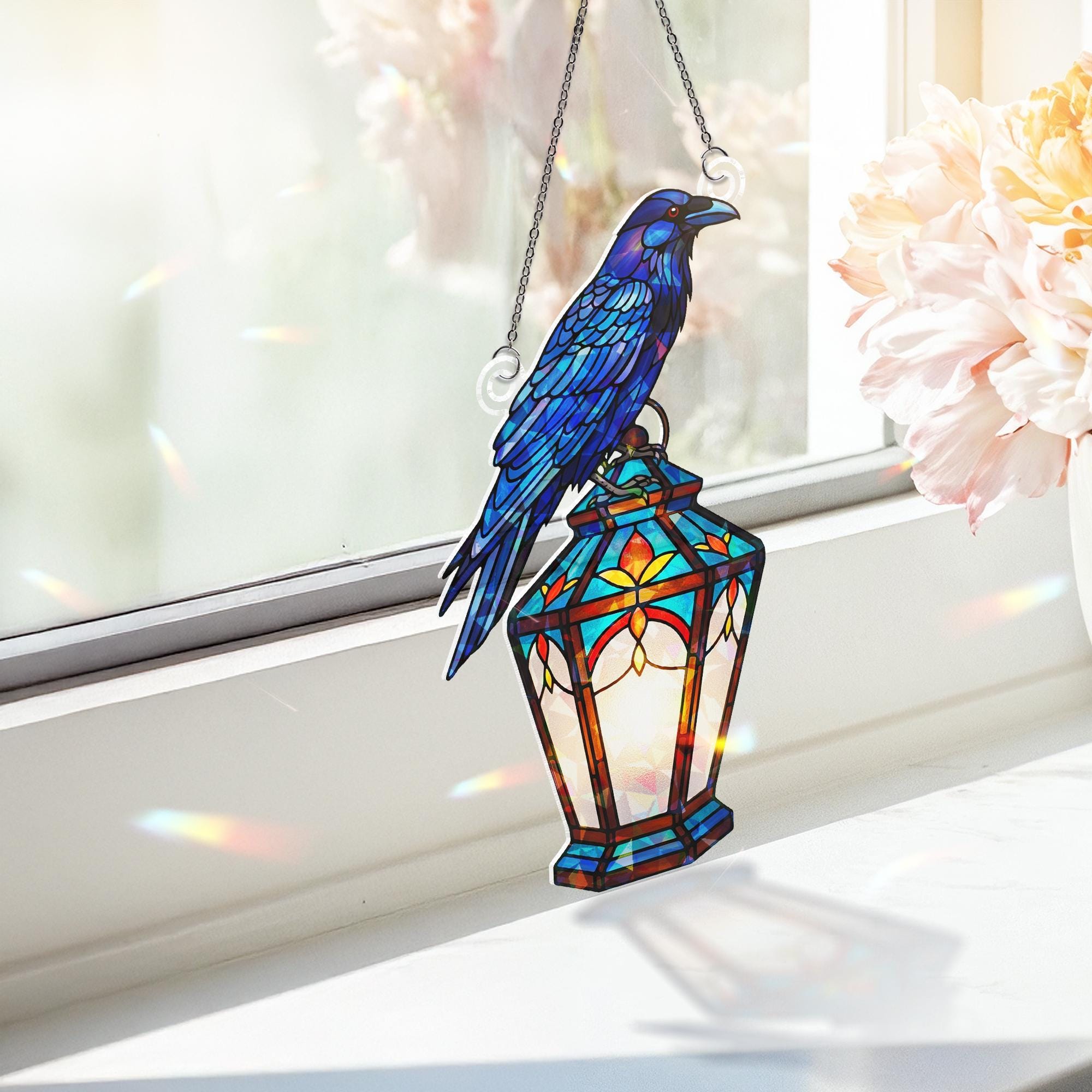 Raven Hologram Ornament – Gothic Crow on Lantern ACRYLIC Window Hanging – Dark Bird Decor for Halloween, Fall, or Year-Round Display