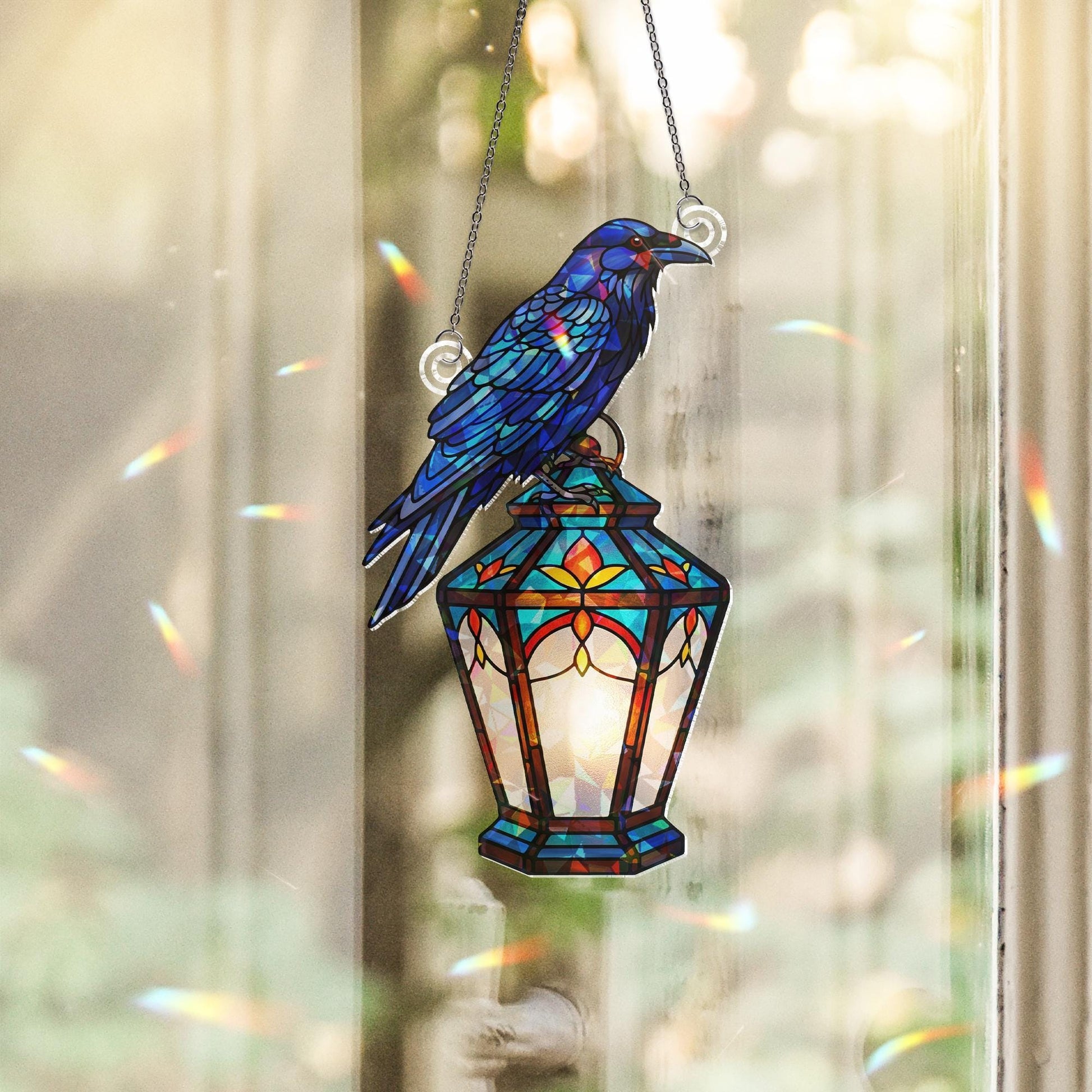 Raven Hologram Ornament – Gothic Crow on Lantern ACRYLIC Window Hanging – Dark Bird Decor for Halloween, Fall, or Year-Round Display