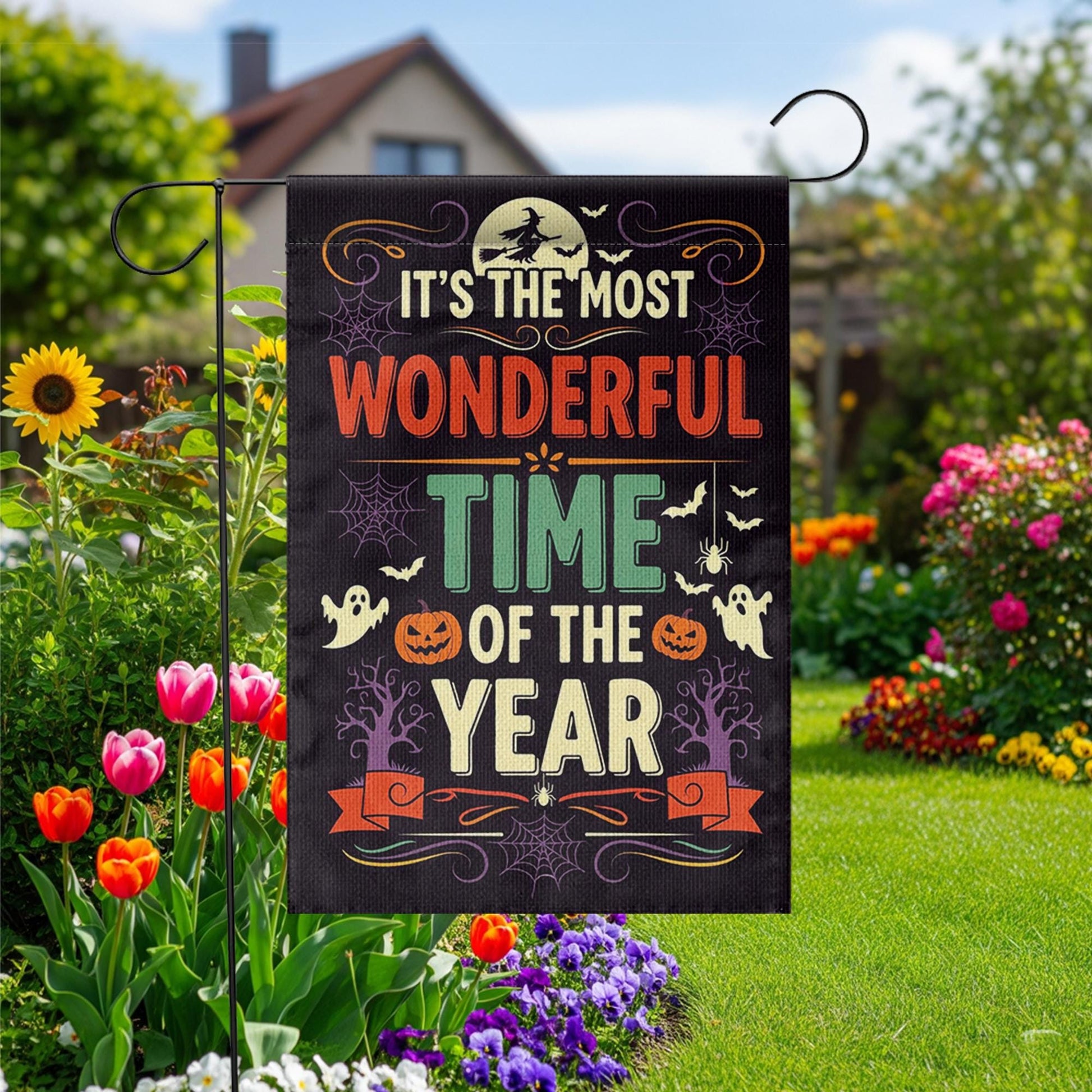 Most Wonderful Time of the Year Halloween Garden Flag – Spooky Fall Yard Decor with Ghosts, Pumpkins, Witches and Bats