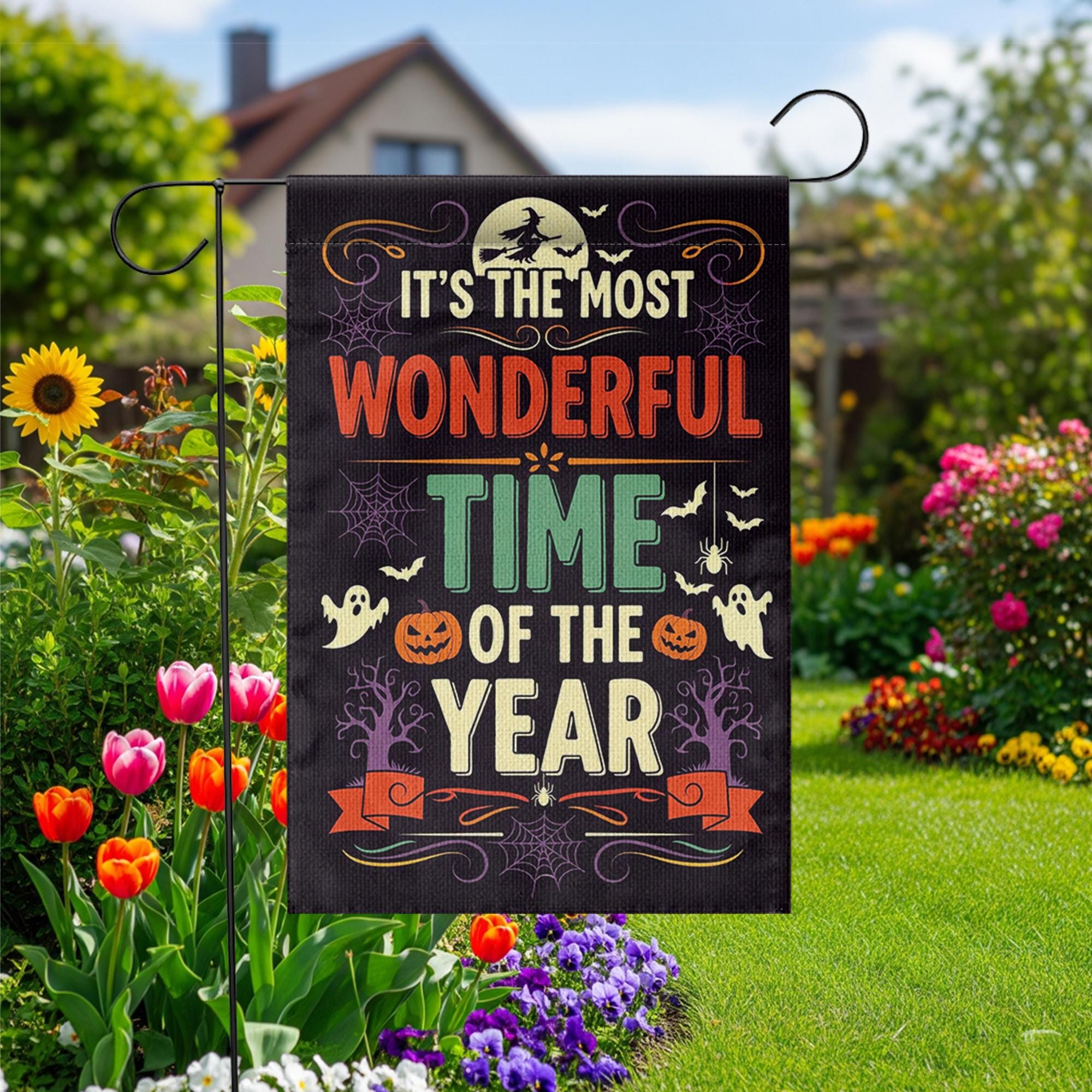 Most Wonderful Time of the Year Halloween Garden Flag – Spooky Fall Yard Decor with Ghosts, Pumpkins, Witches and Bats