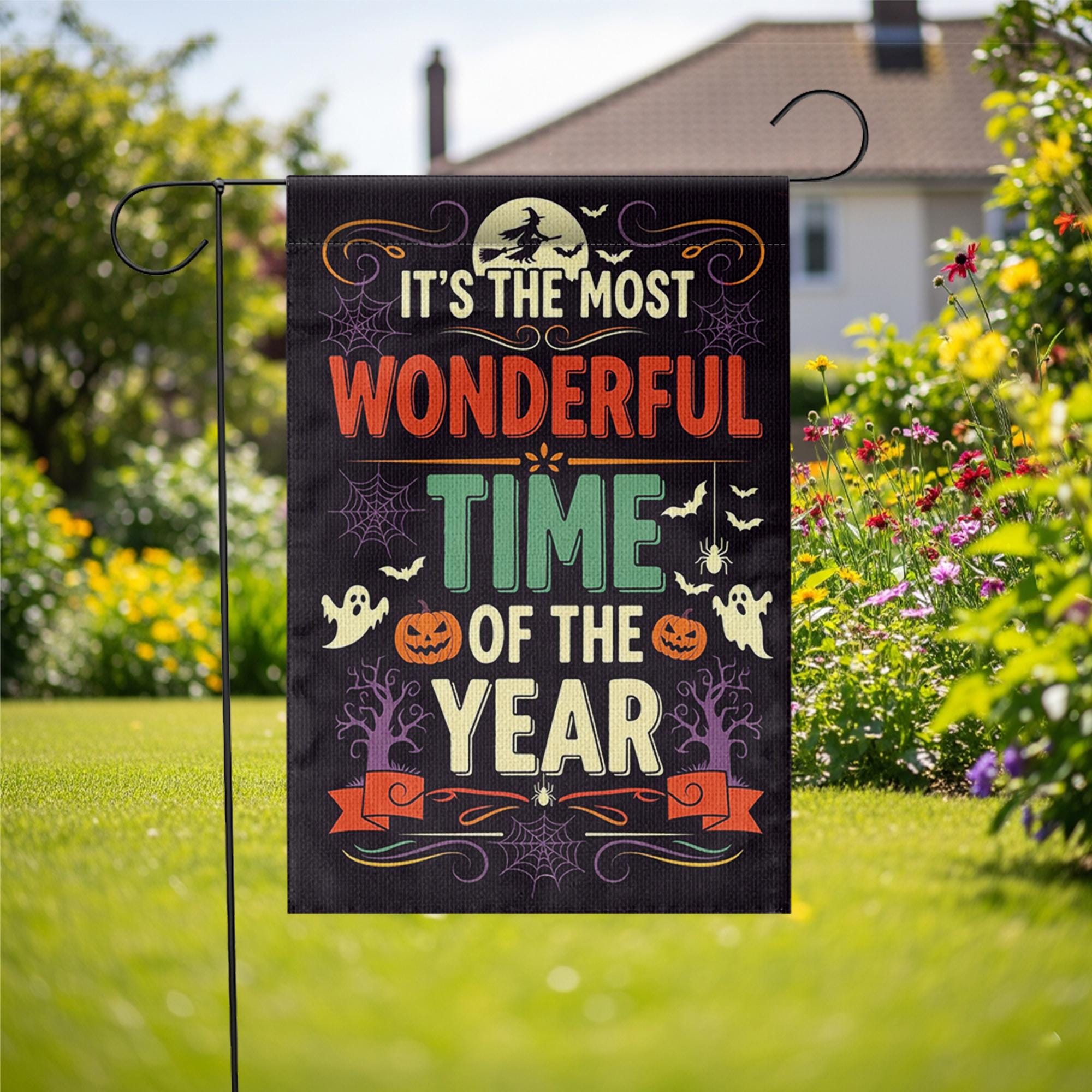 Most Wonderful Time of the Year Halloween Garden Flag – Spooky Fall Yard Decor with Ghosts, Pumpkins, Witches and Bats