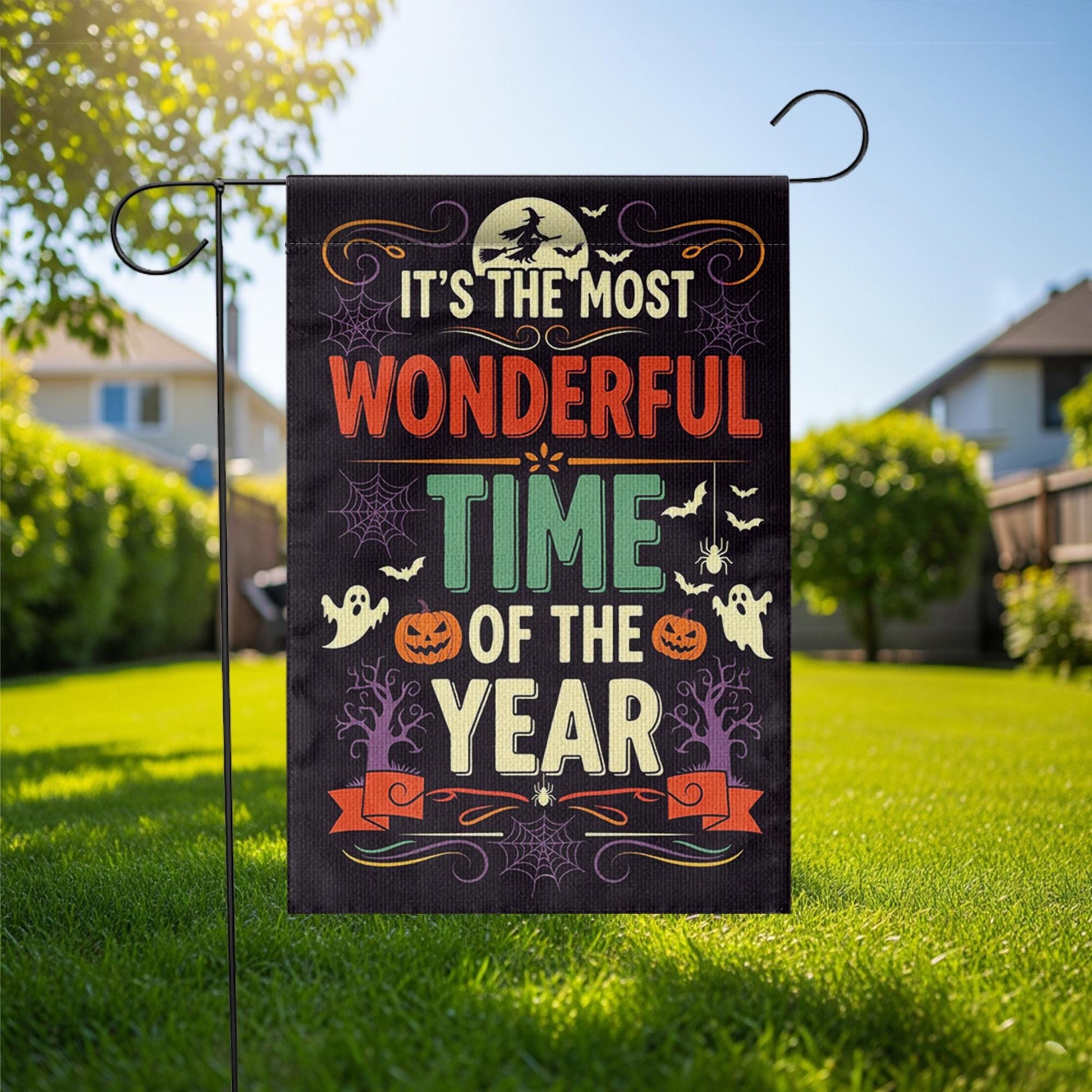 Most Wonderful Time of the Year Halloween Garden Flag – Spooky Fall Yard Decor with Ghosts, Pumpkins, Witches and Bats
