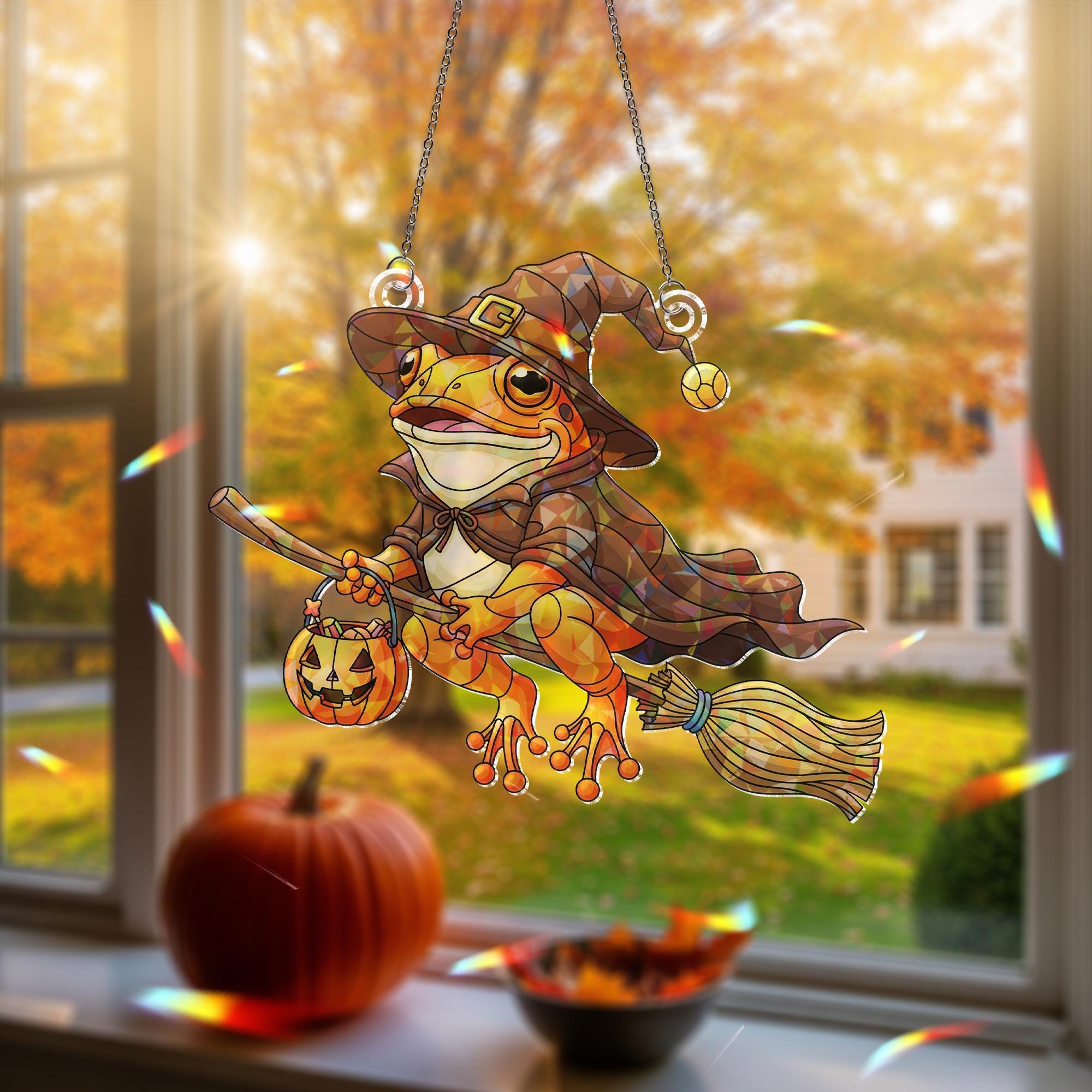 Halloween Witch Frog Hologram Ornament – Halloween Frog Window Hanging with Broom, Pumpkin – Cute Fall Frog Decor for Spooky Season