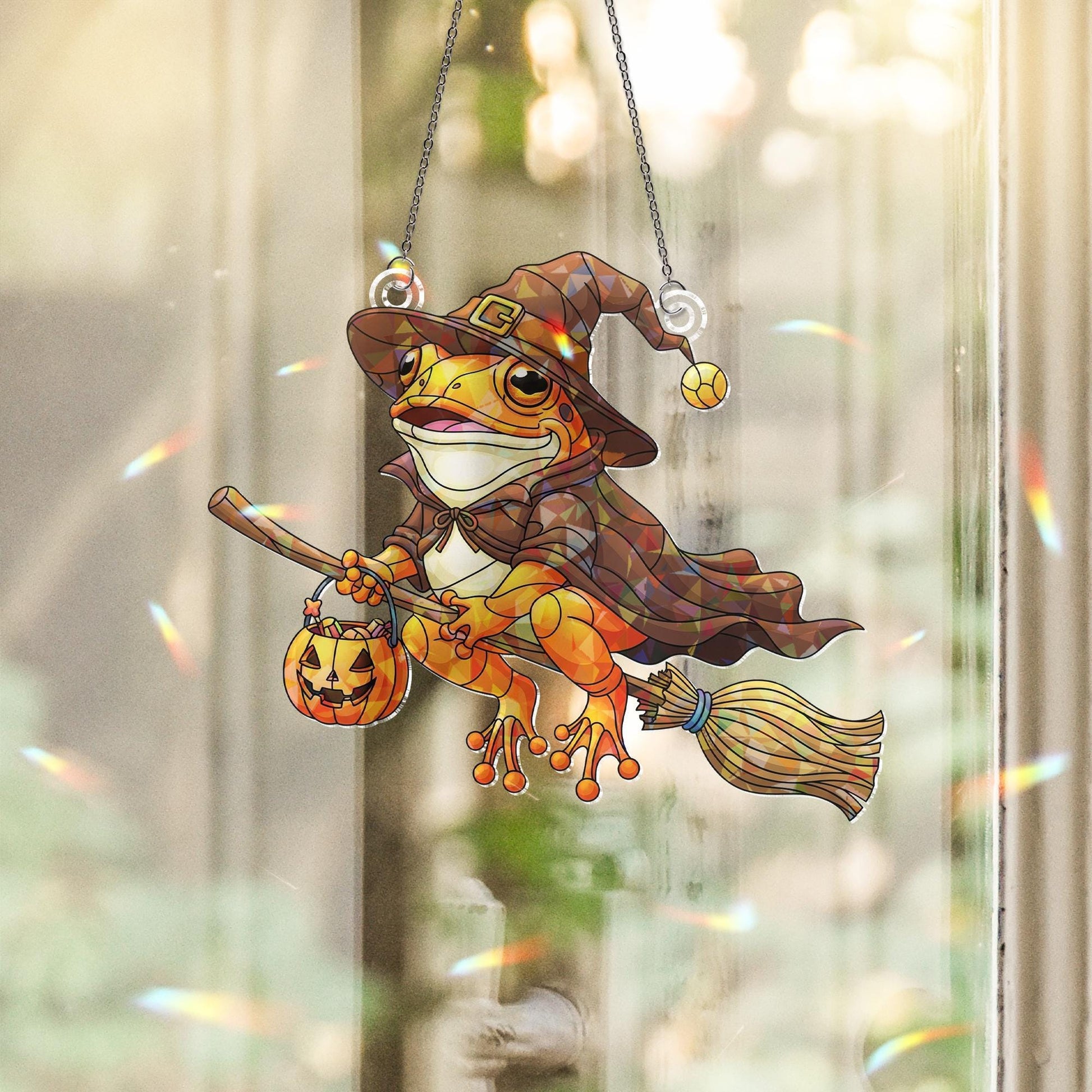 Halloween Witch Frog Hologram Ornament – Halloween Frog Window Hanging with Broom, Pumpkin – Cute Fall Frog Decor for Spooky Season