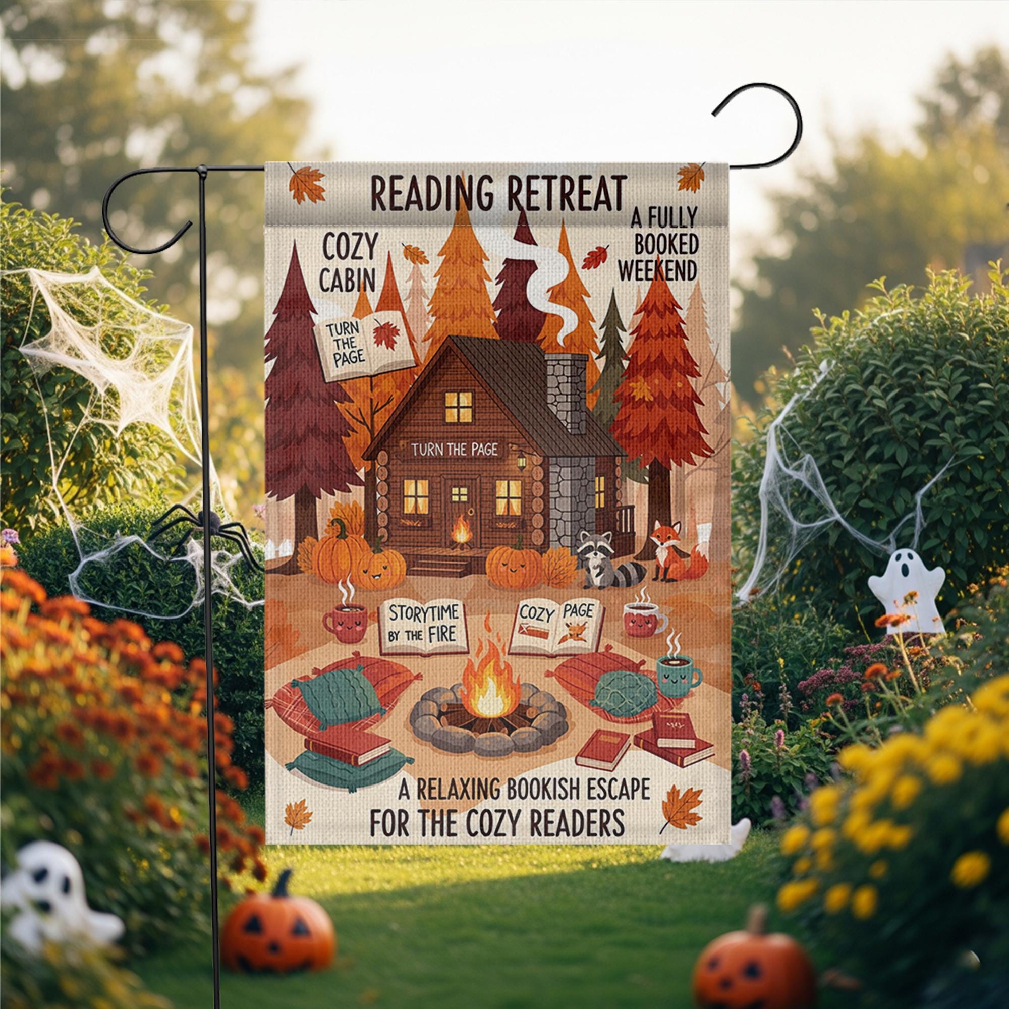 Reading Retreat Garden Flag – Cozy Cabin Fall Book Decor with Campfire, Pumpkins & Storytime – Bookish Yard Sign for Autumn Readers