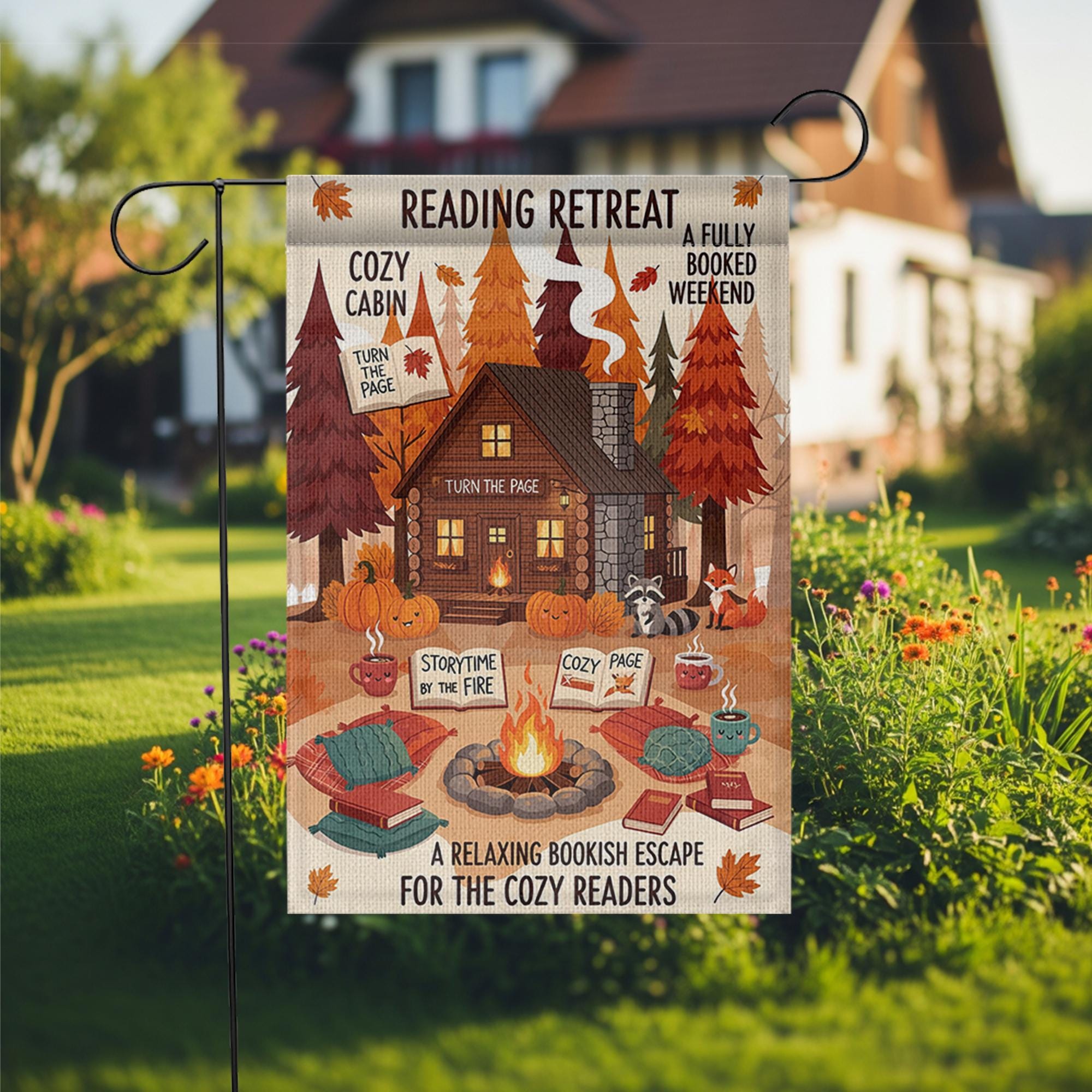 Reading Retreat Garden Flag – Cozy Cabin Fall Book Decor with Campfire, Pumpkins & Storytime – Bookish Yard Sign for Autumn Readers