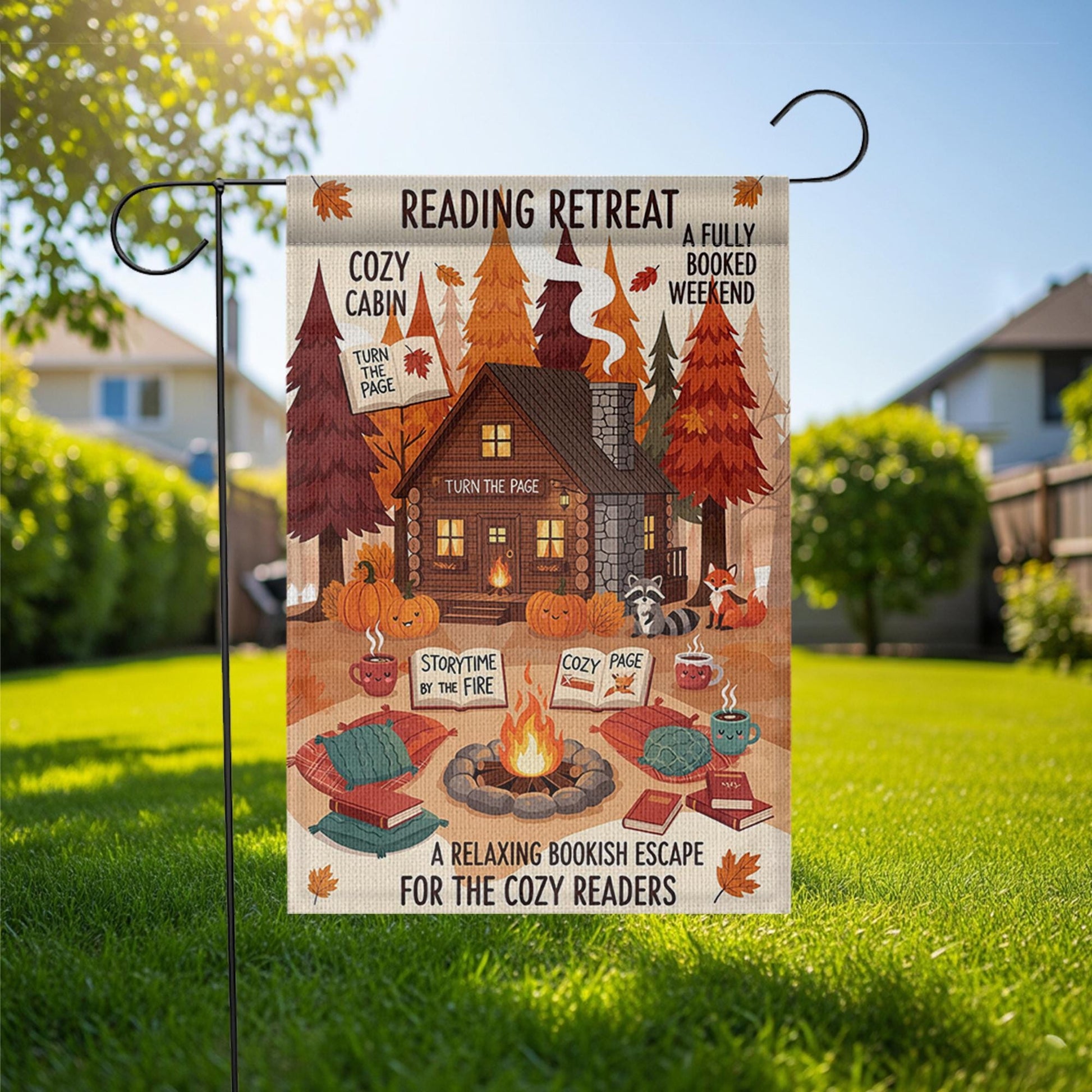 Reading Retreat Garden Flag – Cozy Cabin Fall Book Decor with Campfire, Pumpkins & Storytime – Bookish Yard Sign for Autumn Readers