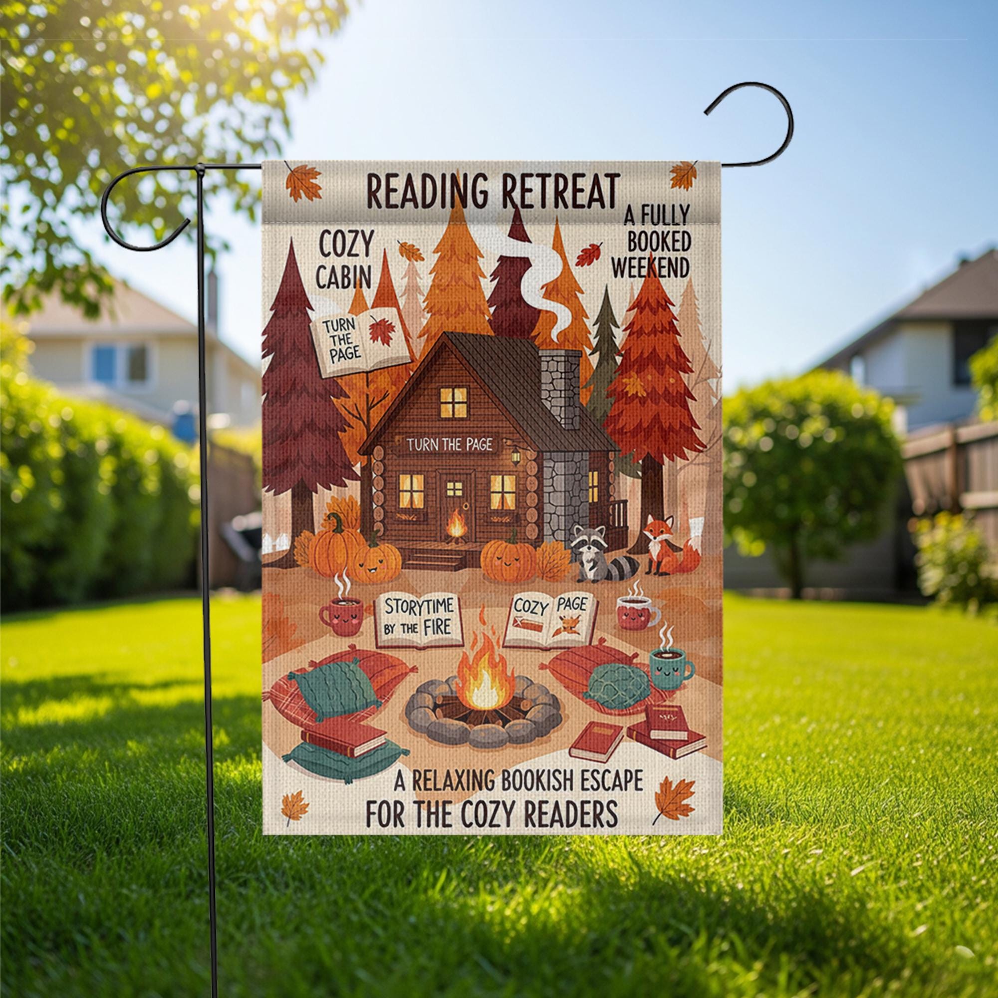 Reading Retreat Garden Flag – Cozy Cabin Fall Book Decor with Campfire, Pumpkins & Storytime – Bookish Yard Sign for Autumn Readers
