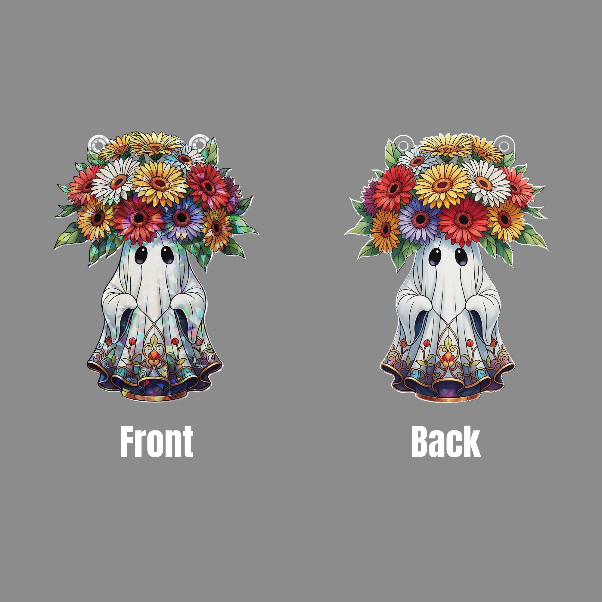Cute Ghost Flower Suncatcher – Holographic Stained Glass Ghost with Daisy Crown Window Hanging, Gothic Fall Halloween Window Decor