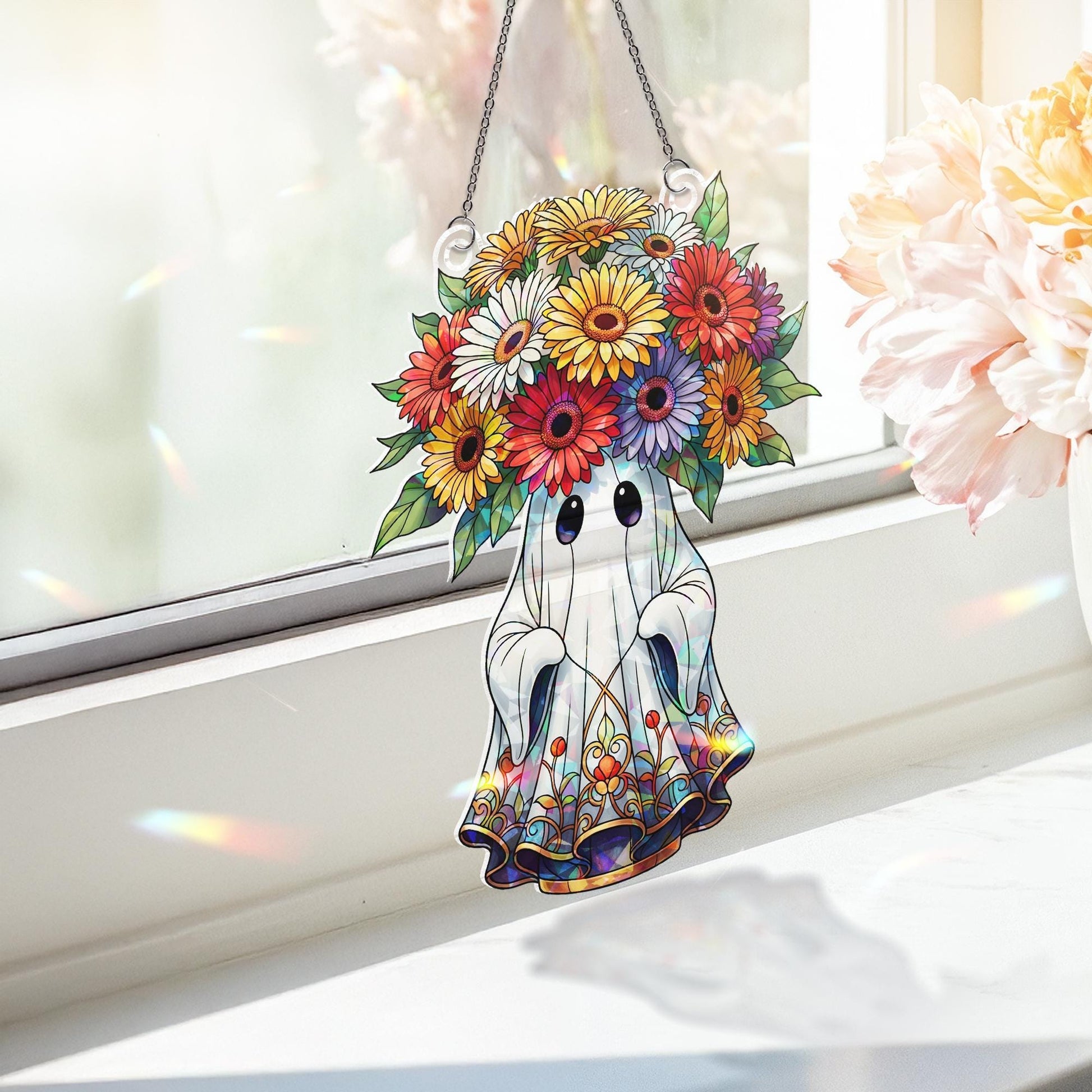 Cute Ghost Flower Suncatcher – Holographic Stained Glass Ghost with Daisy Crown Window Hanging, Gothic Fall Halloween Window Decor